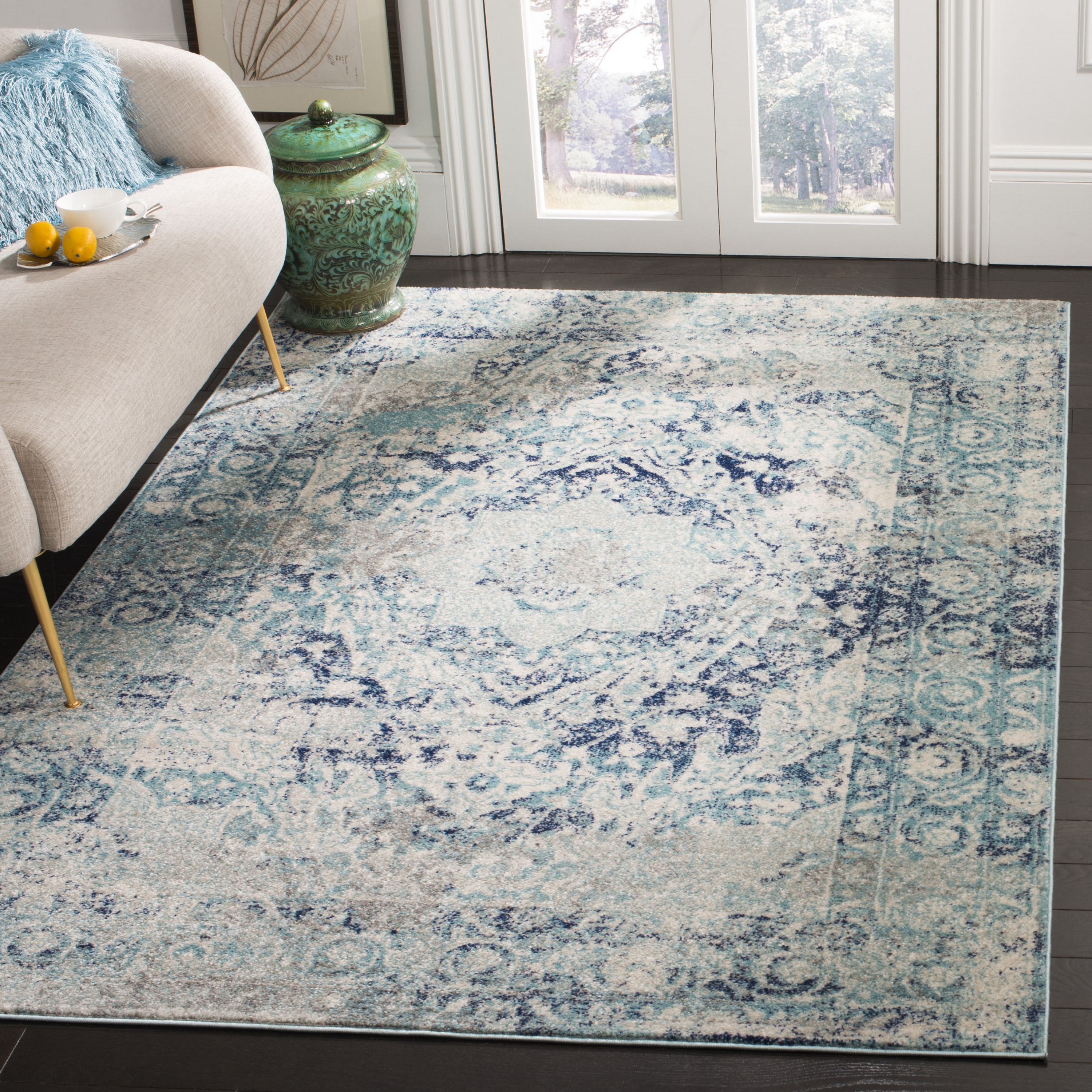 Chic Metro-Mod Ivory & Blue Reversible Synthetic Area Rug - 3' x 5'