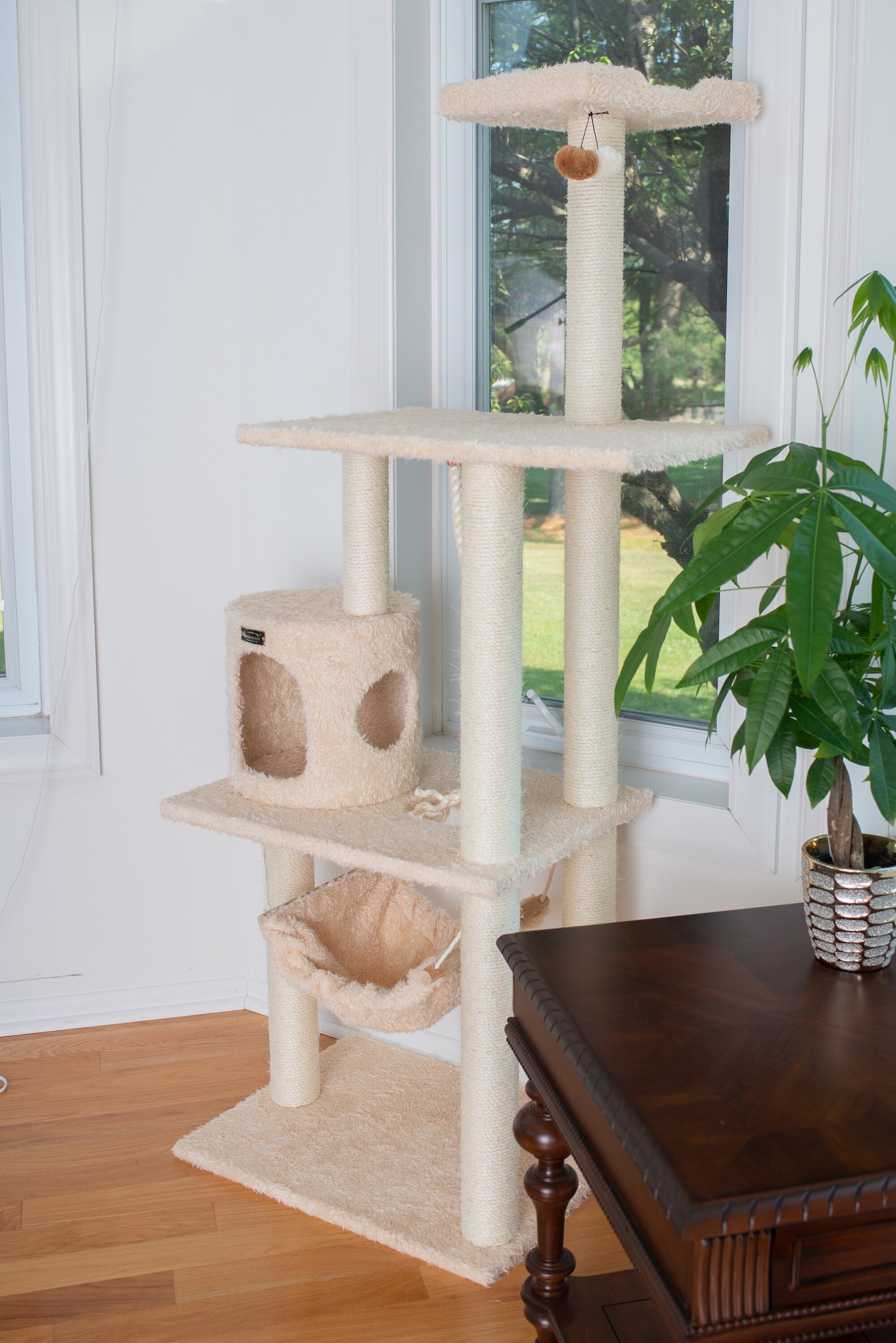 70'' Beige Faux Fur Multi-Level Cat Tree with Sisal Posts