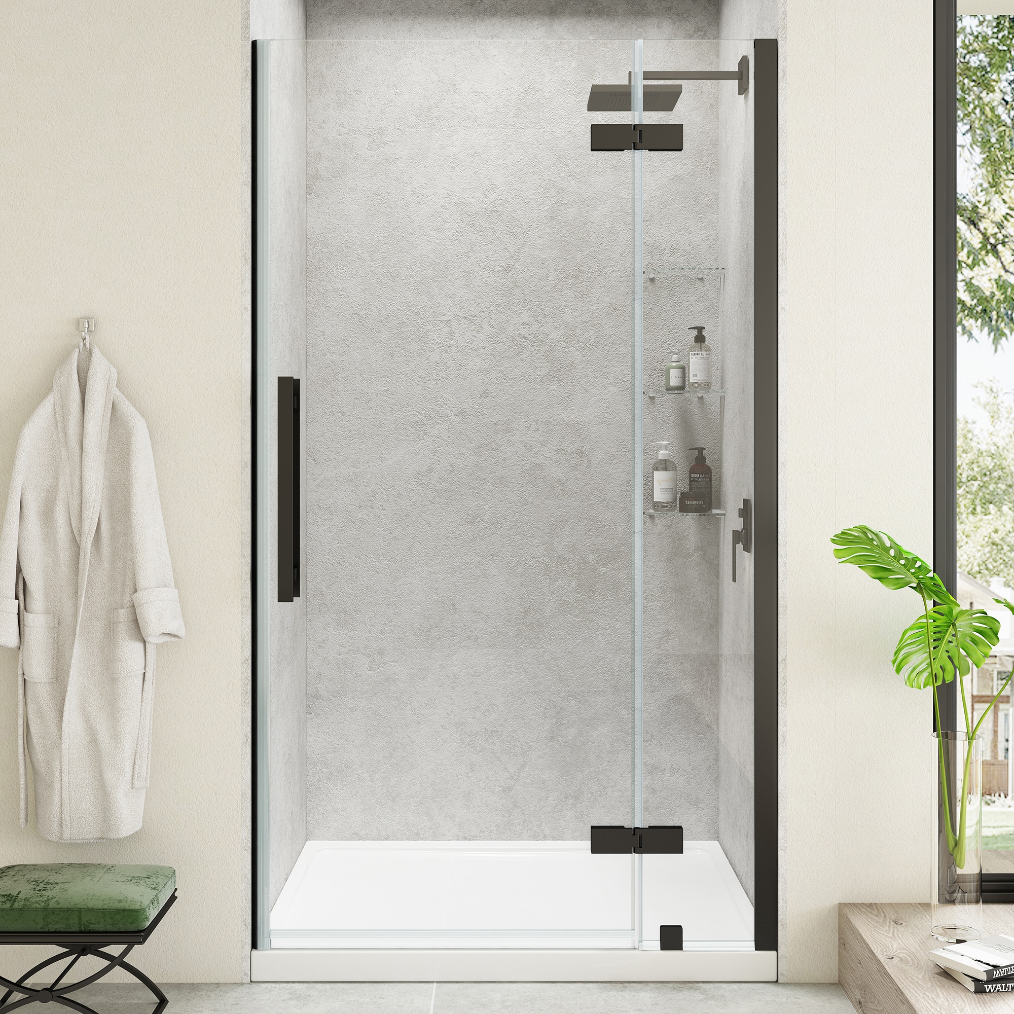 OVE Decors 828796075930 Tampa 38-in W x 32-in L x 75-in H Rectangular Alcove Shower Kit (Center Drain) with Base and Door Included Satin Black Hardware Included