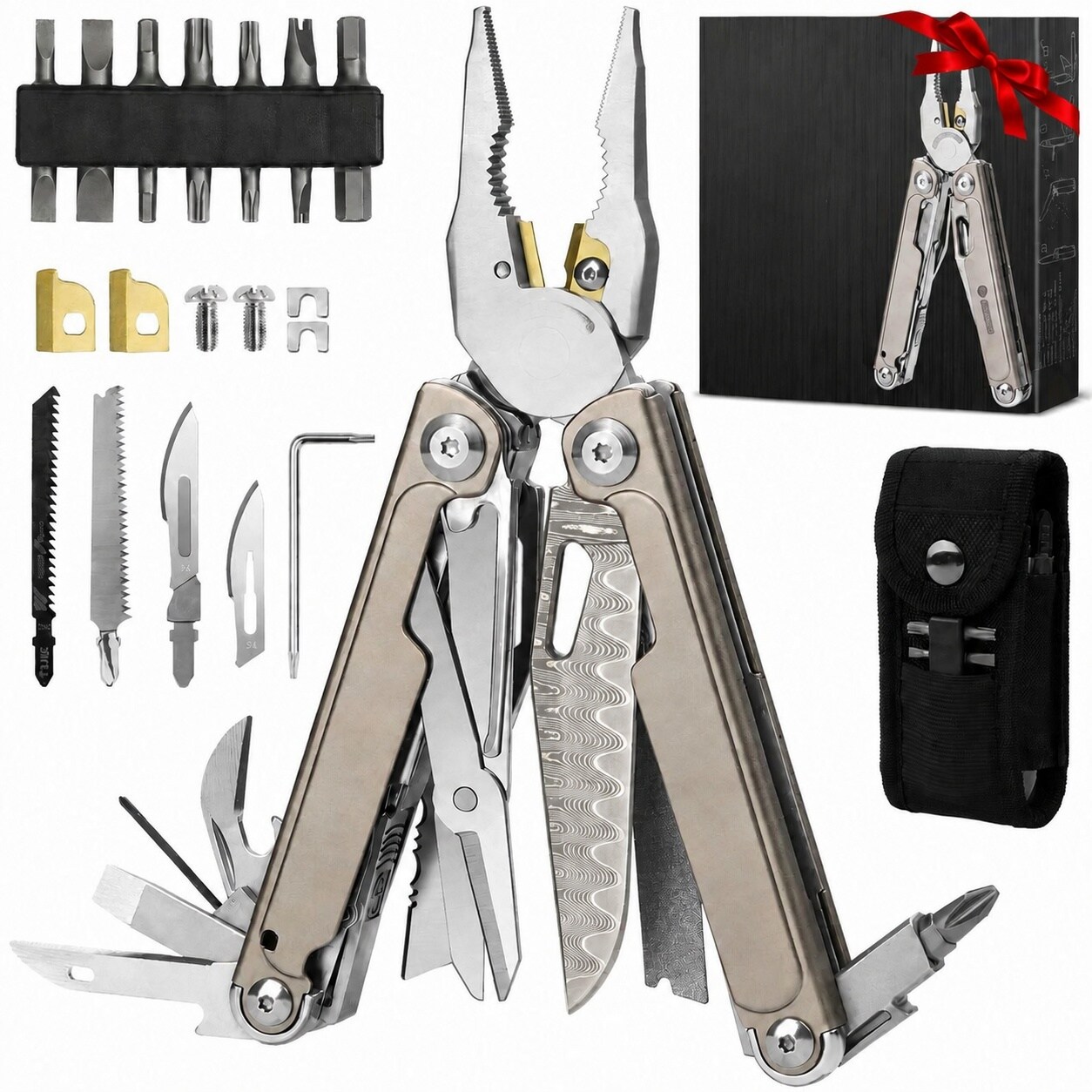 KHKFY  Titanium Alloy Multitool with Damascus Knife and Replaceable Wire Cutters Scissors Screwdriver Bits for Camping Survival Repair