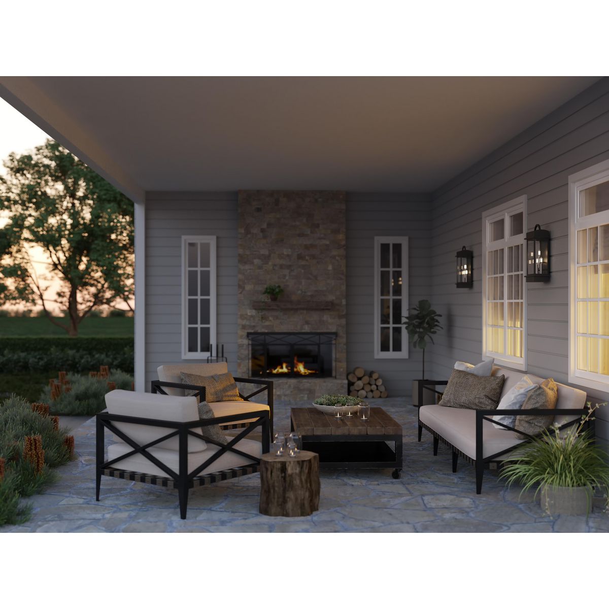 Santee Black Steel 3-Light Outdoor Wall Lantern with Beveled Glass