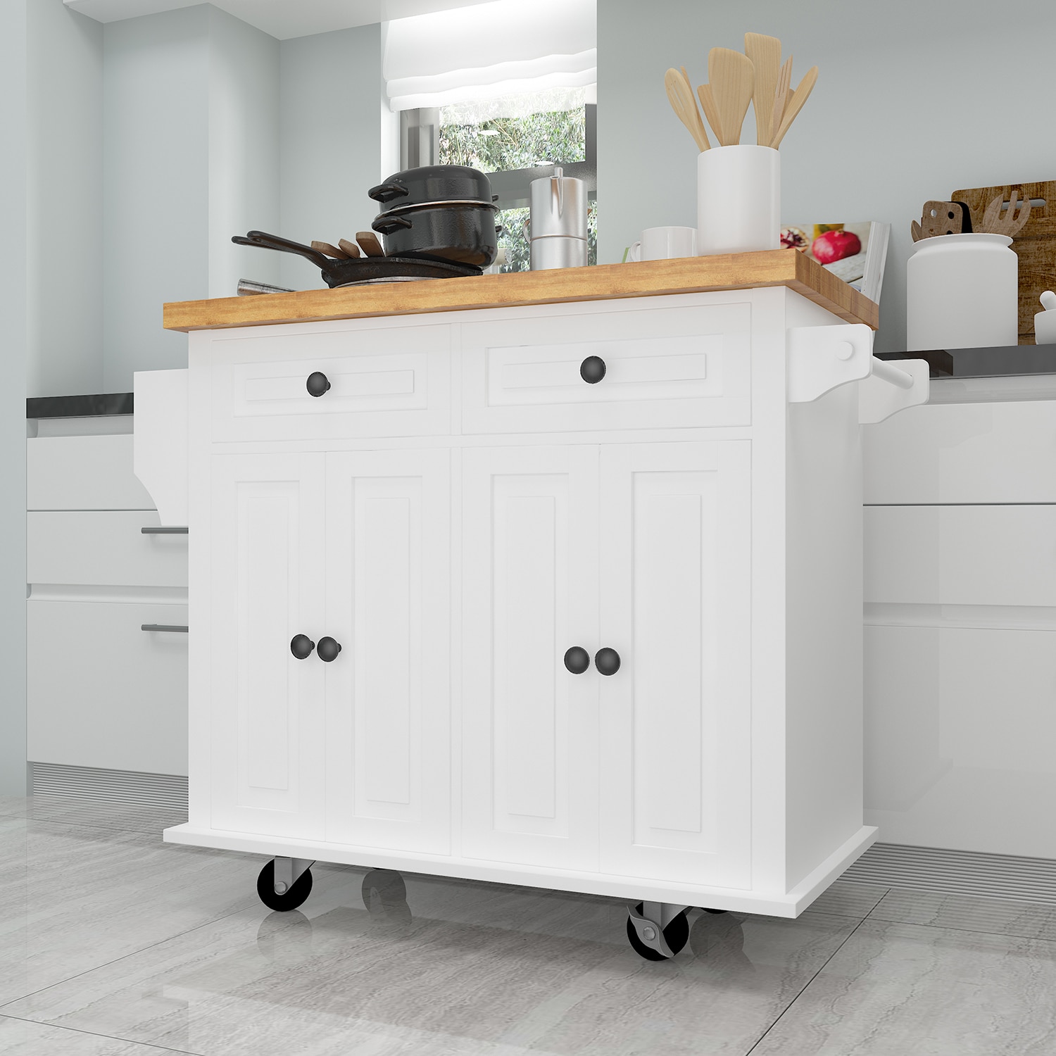 SINOFURN White Mdf Base with Wood Top Rolling Kitchen Cart (17.5-in x ...