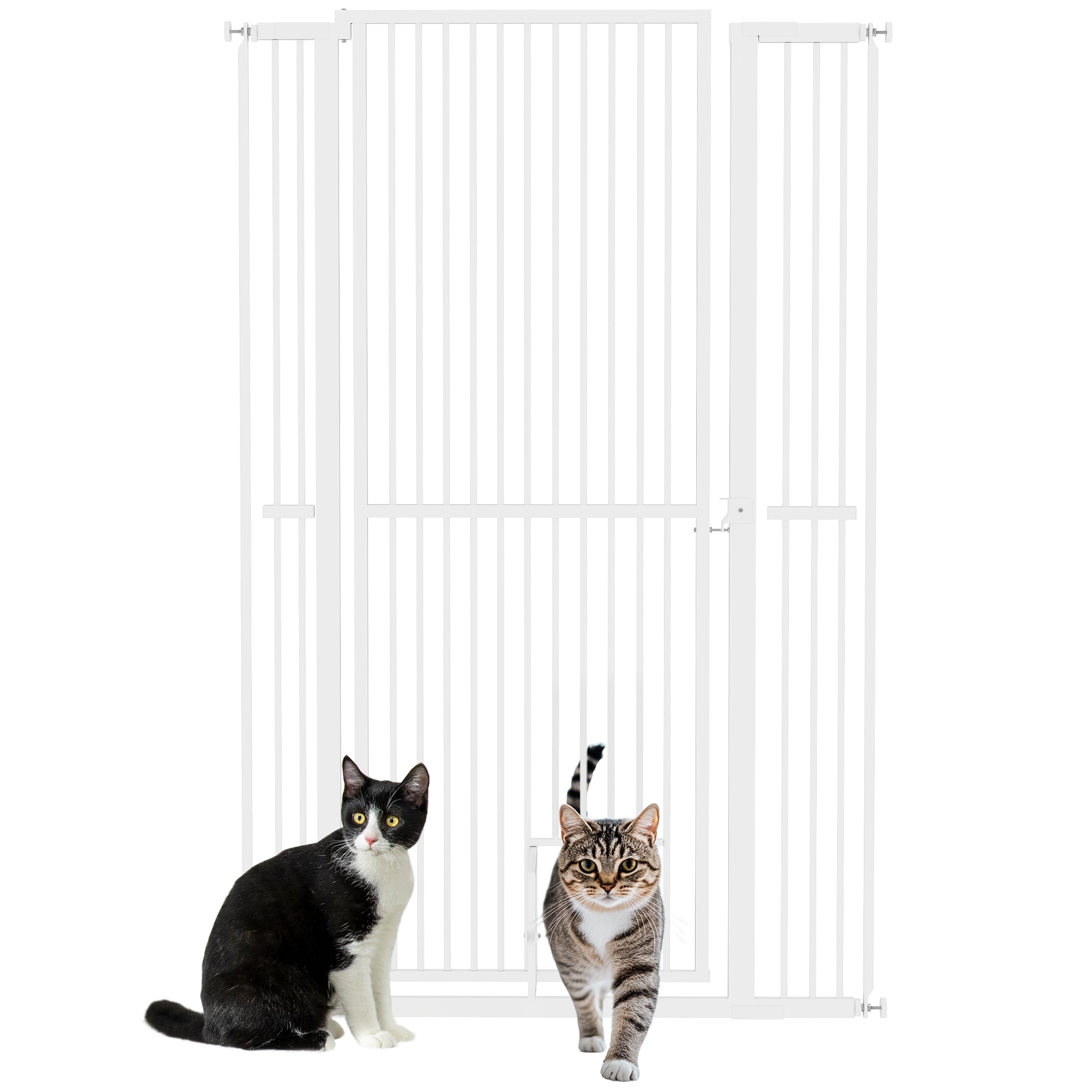 PawHut D06-240V10WT 59inch Extra Tall Pet Gate for Cats 30inch-41inch Cat Gate with Small Cat Door 1.4inch Narrow Gap 2.8inch and 5.5inch Extension Pressure Mounted No Drilling Dog Gate for Doorway Hallway Stairway White