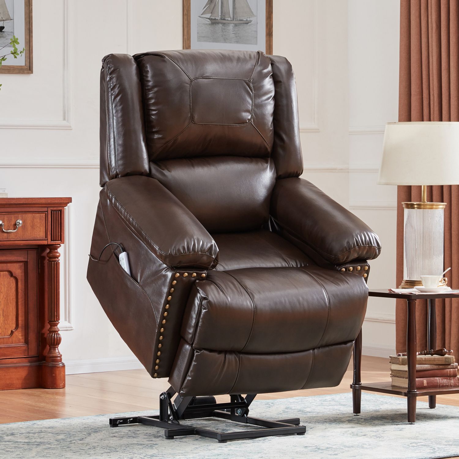 JASMODER SG000223AAA Brown Upholstered Tufted Recliner with Lift Assistance