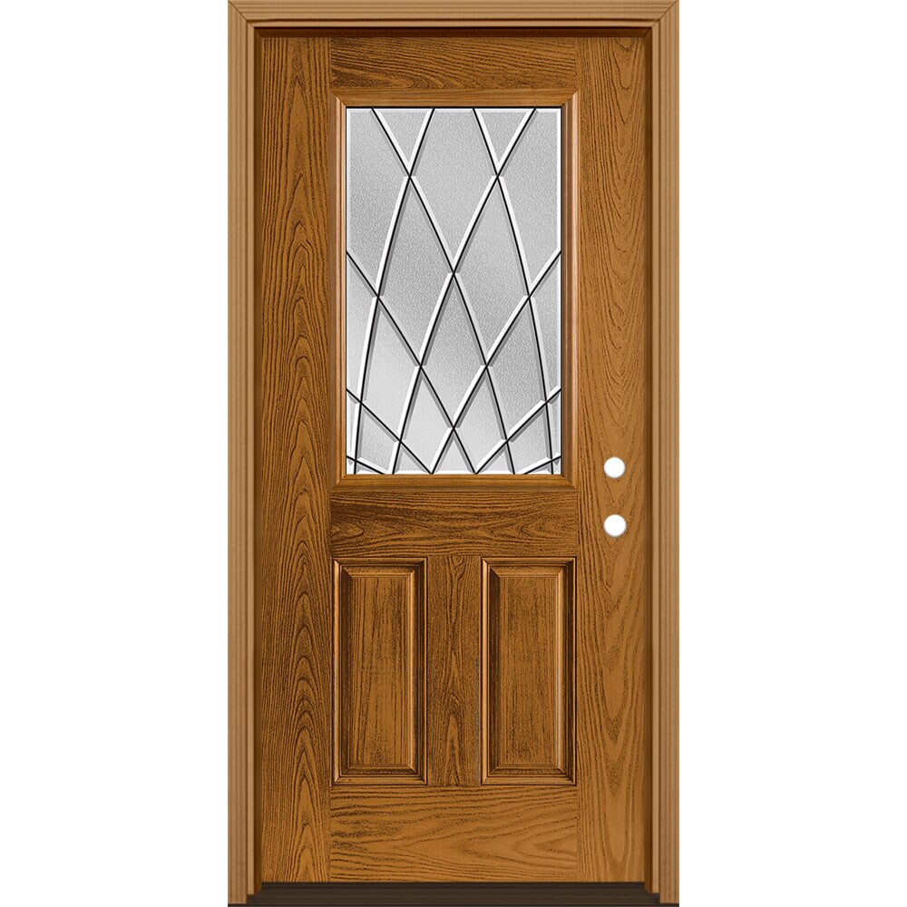 Masonite 3423377 Ventata 36-in x 80-in x 4-9/16-in Fiberglass Half lite Left-hand inswing Oakcrest Stained Prehung Single door Front Door with Brickmould Insulating core Decorative glass