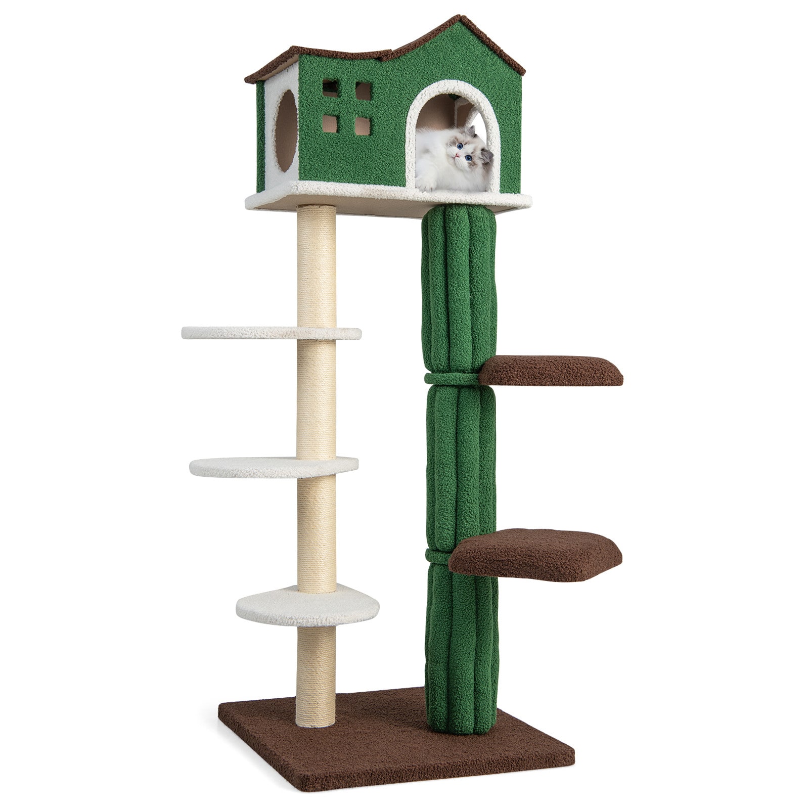 Slickblue D-CO-NG38001VP 61 x 23 Green/Brown/White Mohair Plush Cat Tree with Condo and Sisal Posts Indoor
