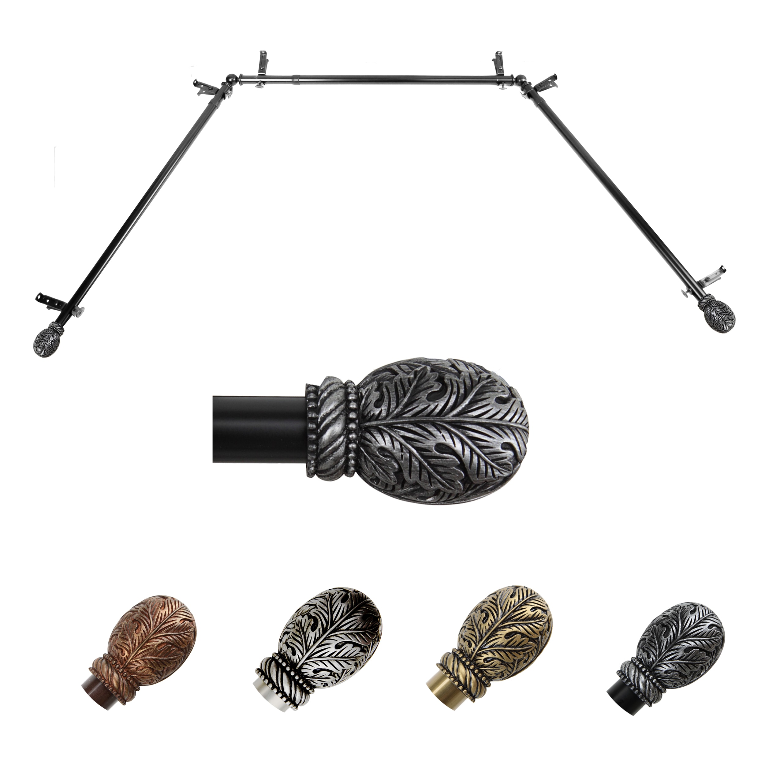 Hart & Harlow L-ABAY-06-2 Fran 13/16-in Bay Black Steel Bay window curtain rod with Finials