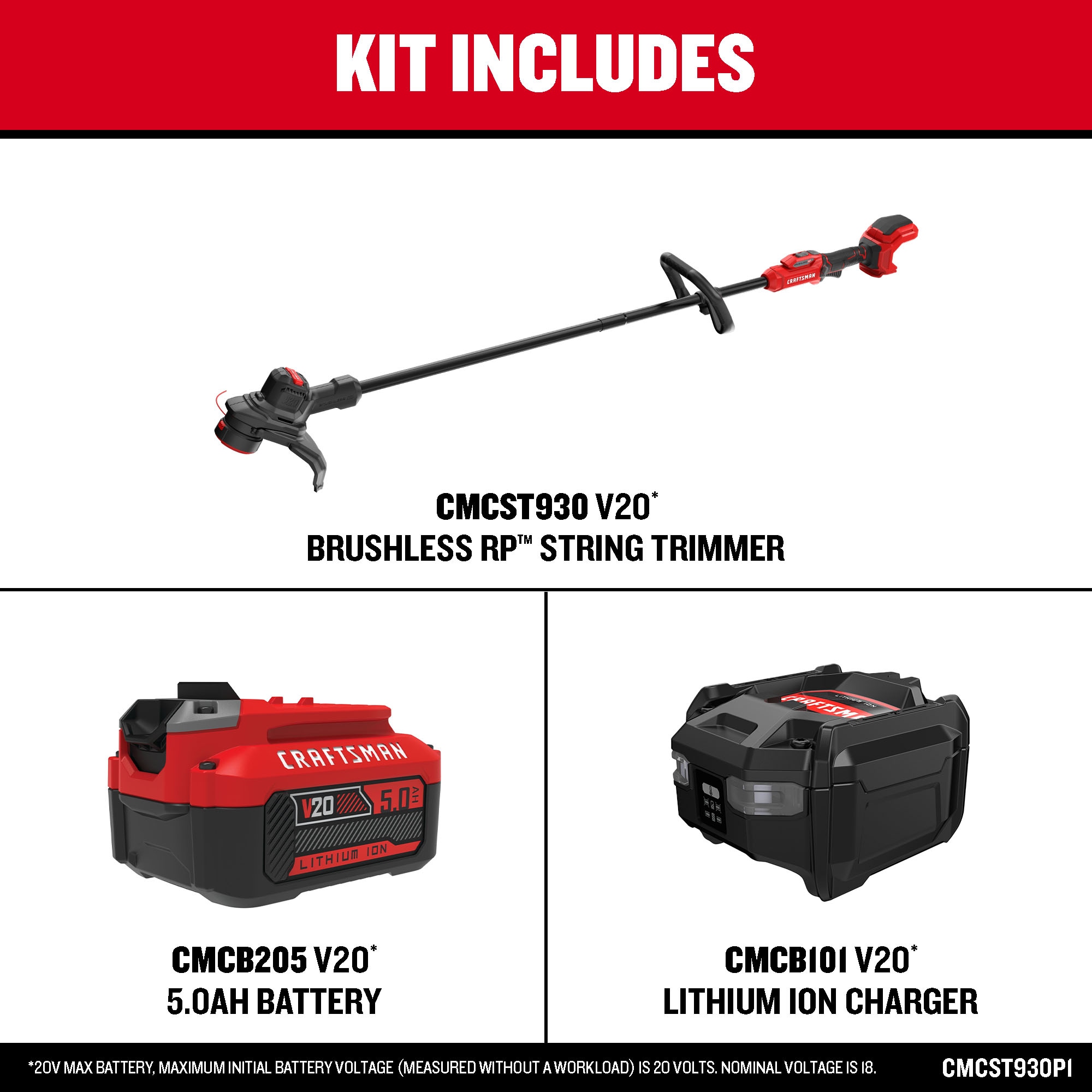 CRAFTSMAN V20 Brushless RP 20 volt Max 13 in Straight Shaft Battery String Trimmer 5 Ah Battery and Charger Included