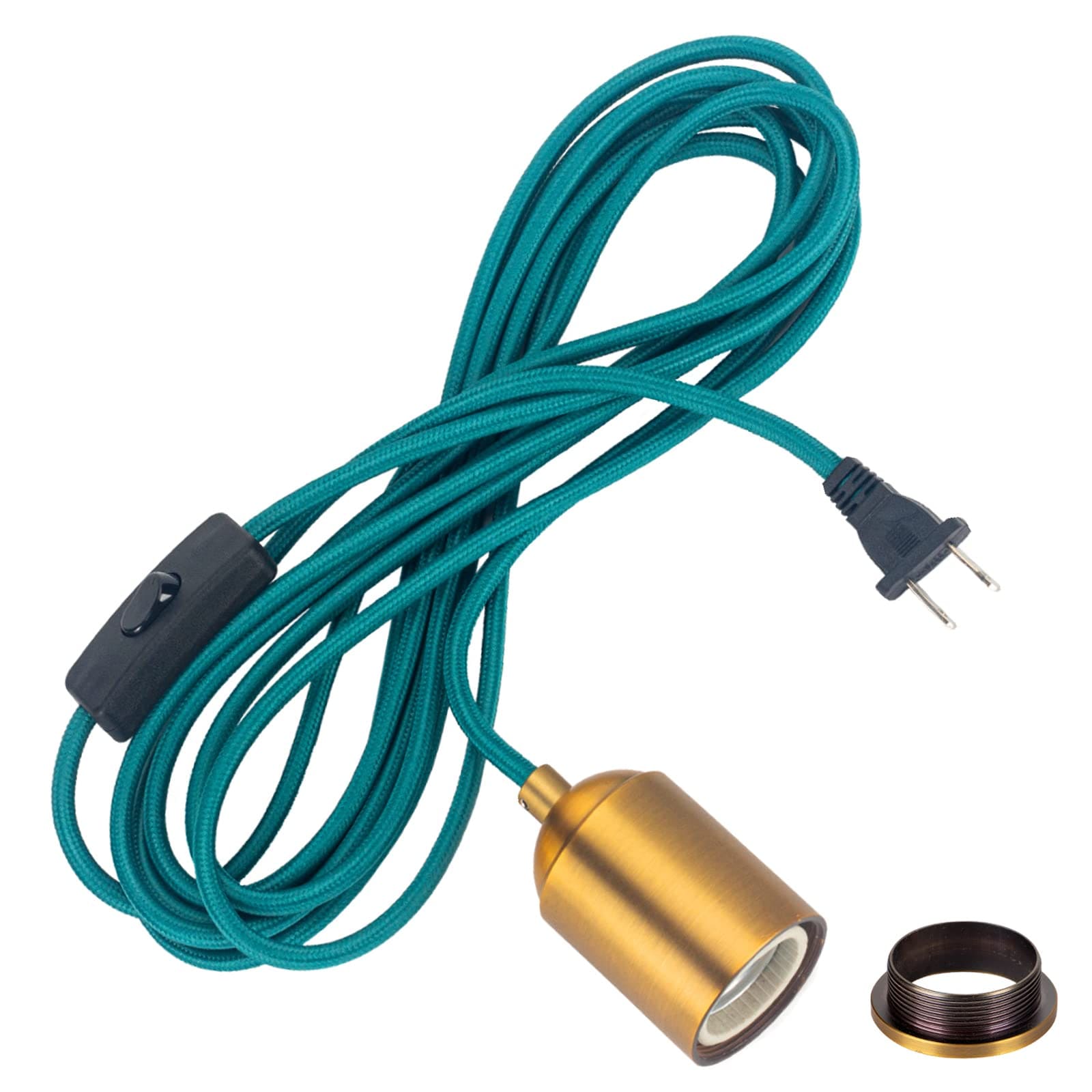 Aoibox  15 ft Teal Fabric Plug In Pendant Light Cord with Switch Ceramic E26 E27 Socket Gold Holder Swag Lamp Kit