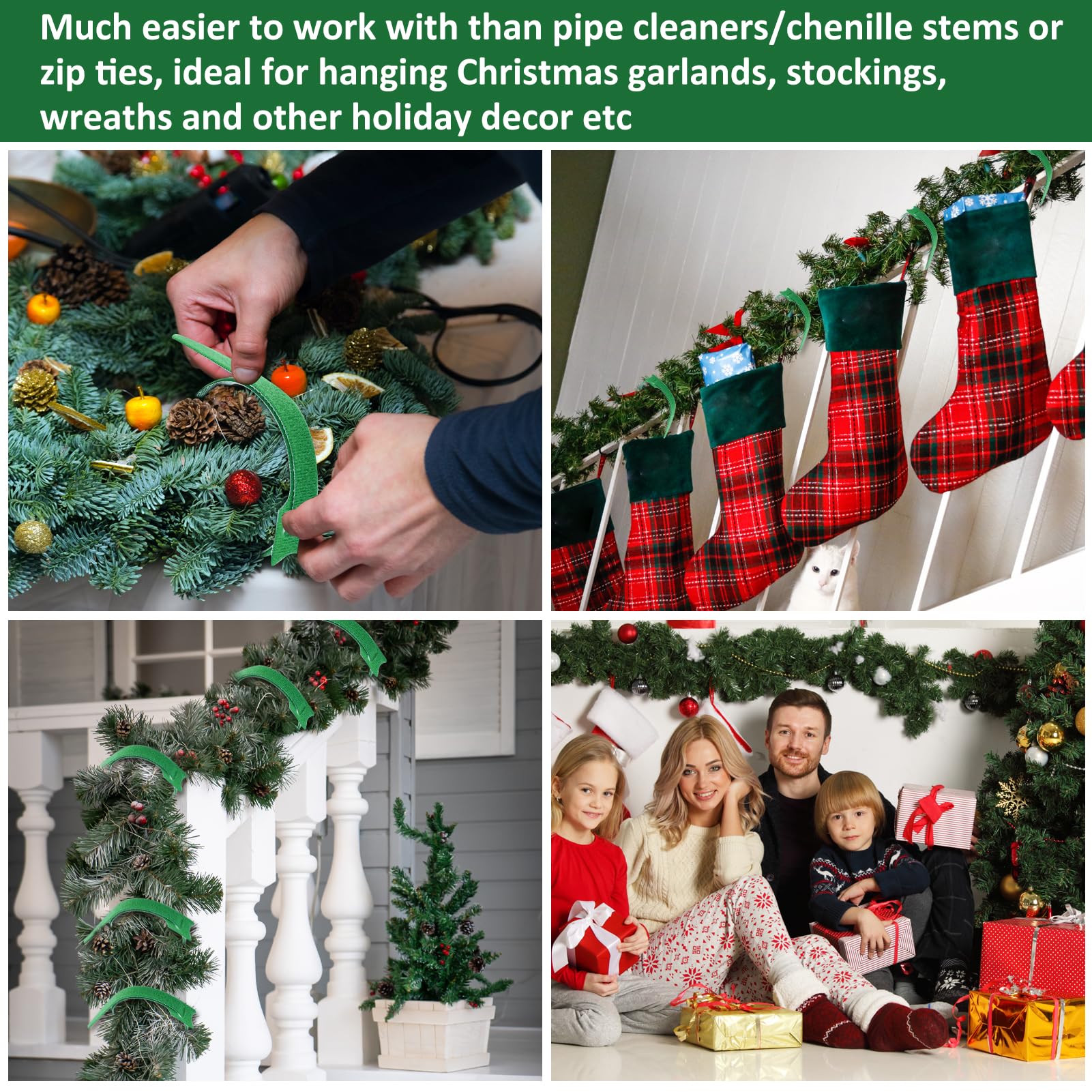 Adrinfly 80 Piece Christmas Garland Ties Green Hook and Loop Adjustable ...