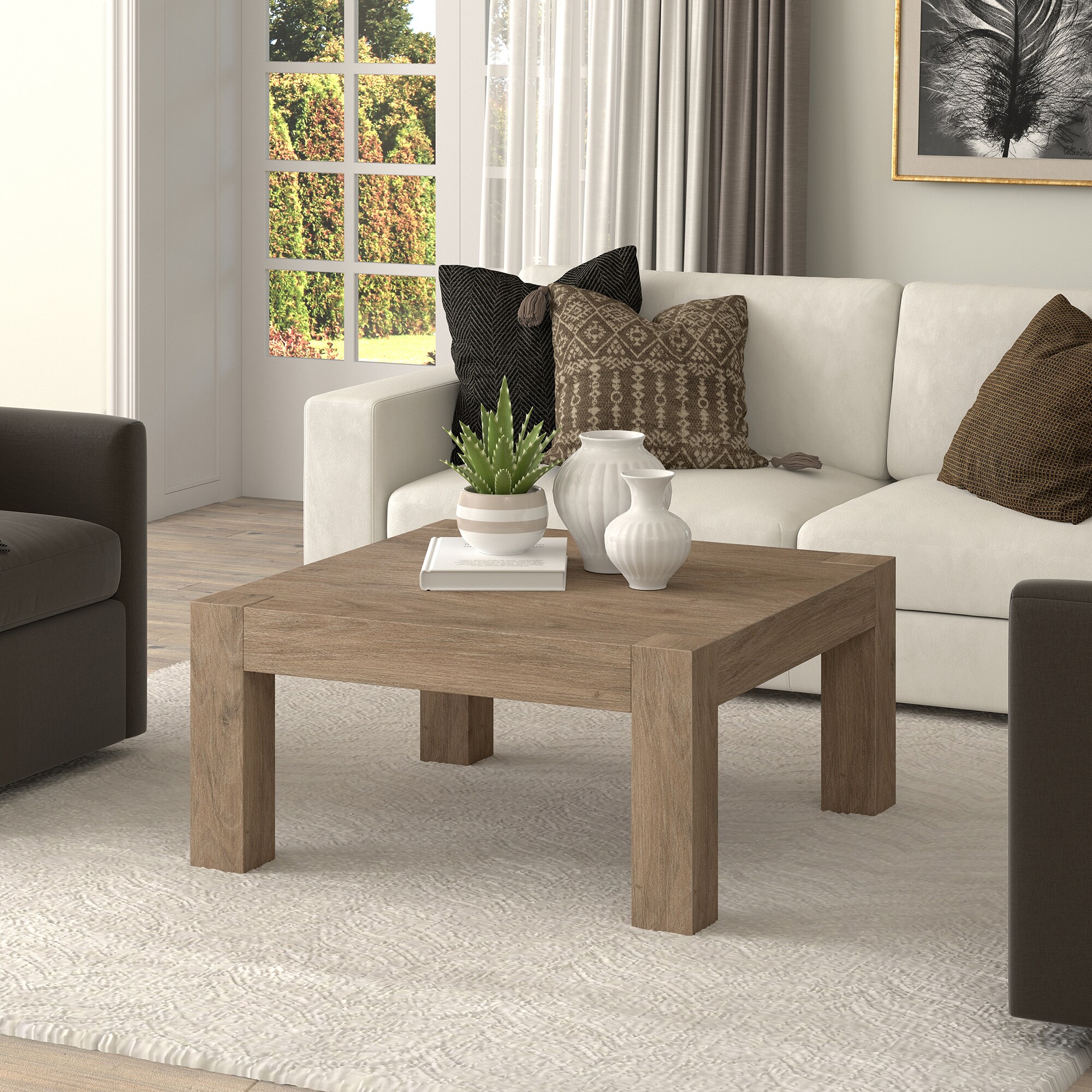 Antiqued Gray Oak Square MDF Coffee Table, 34 Inch