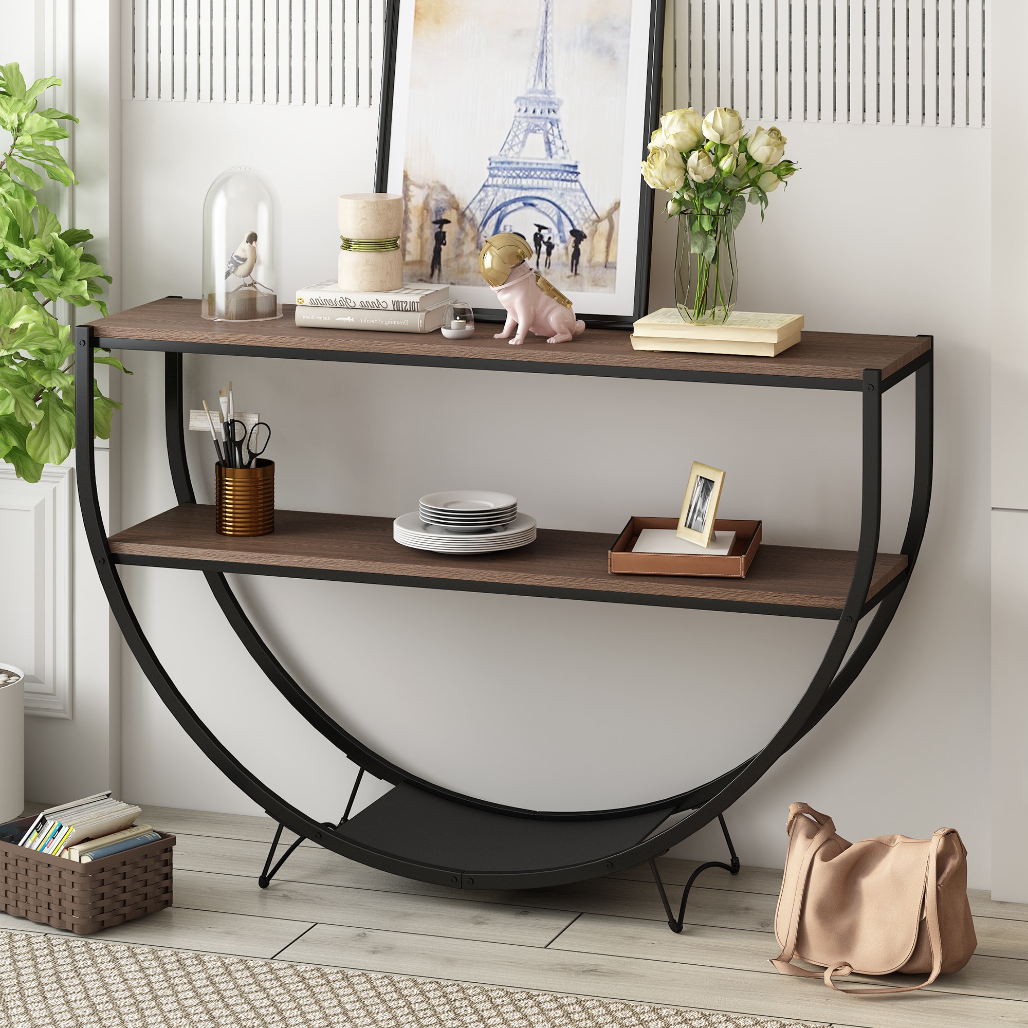 ModernLuxe N715P171584P Rustic Industrial Design Demilune Shape Textured Metal Distressed Wood Console Table Dark Brown
