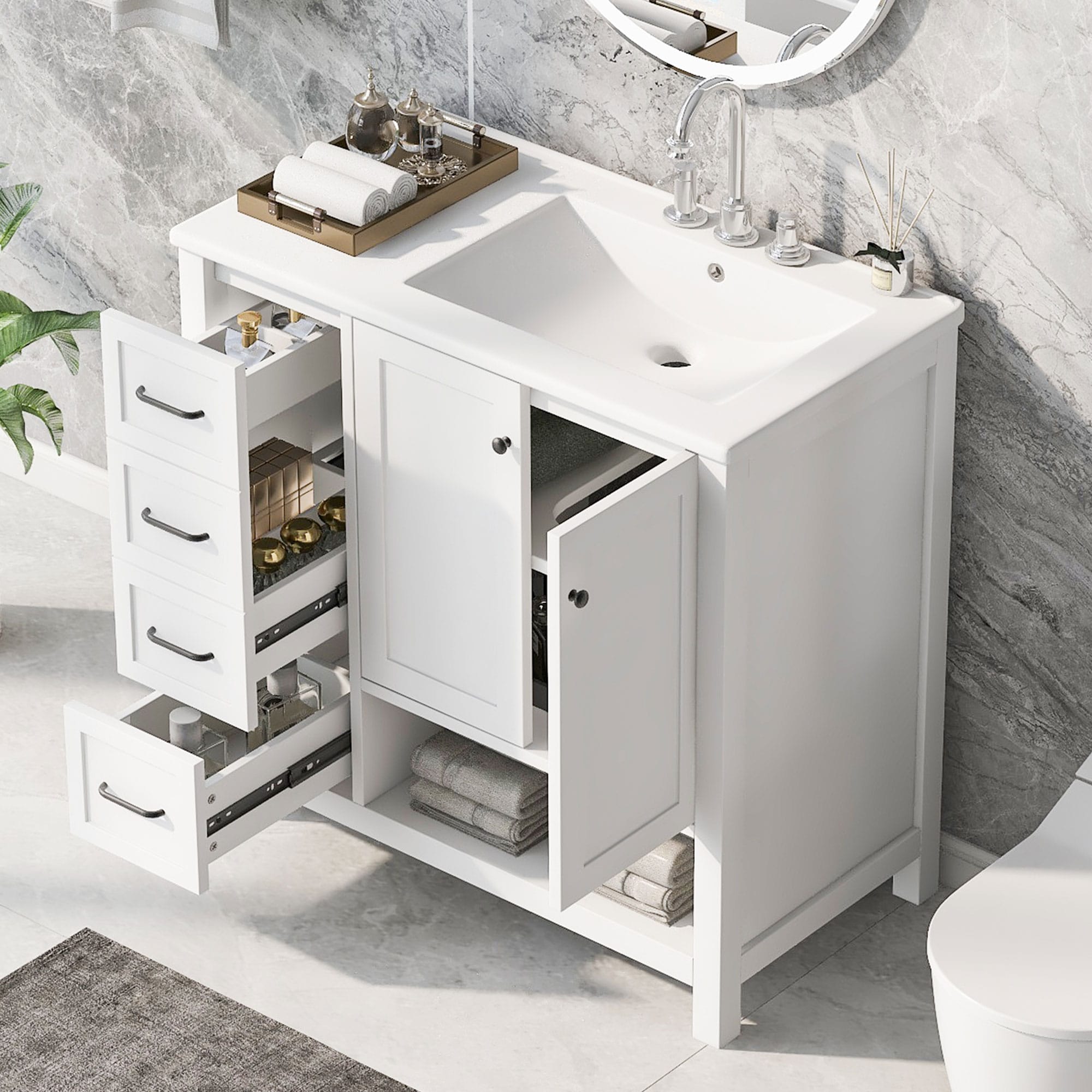 ModernLuxe L3P-N725P245278K 36inch Bathroom Vanity with Sink Top Bathroom Vanity Cabinet with Two Doors and Two Drawers Solid Wood Open shelf MDF Boards One Package White