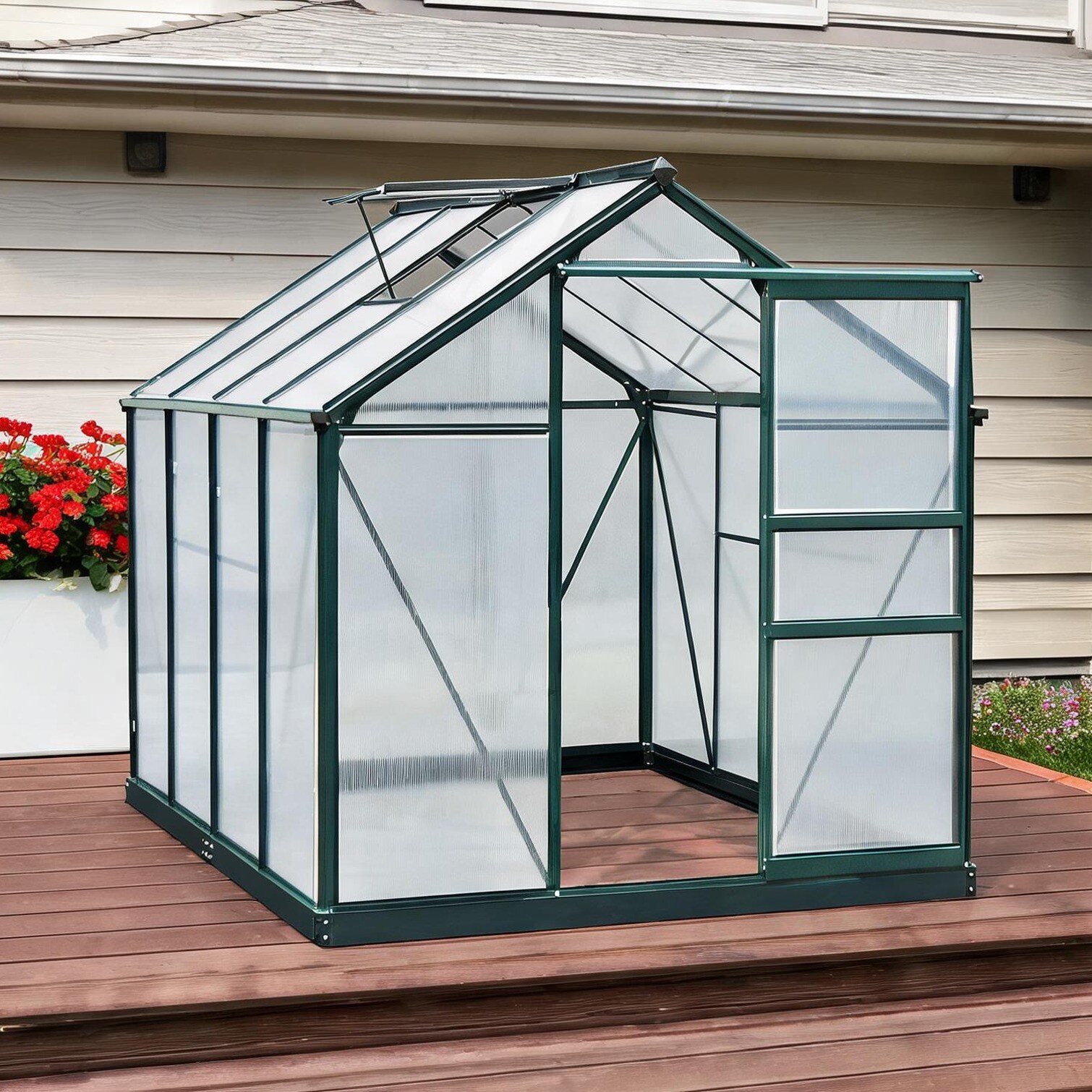 SunJet - Aluminum Walk-In Greenhouse with Polycarbonate Panels and Vent 6 ft x 8 ft Soft Green