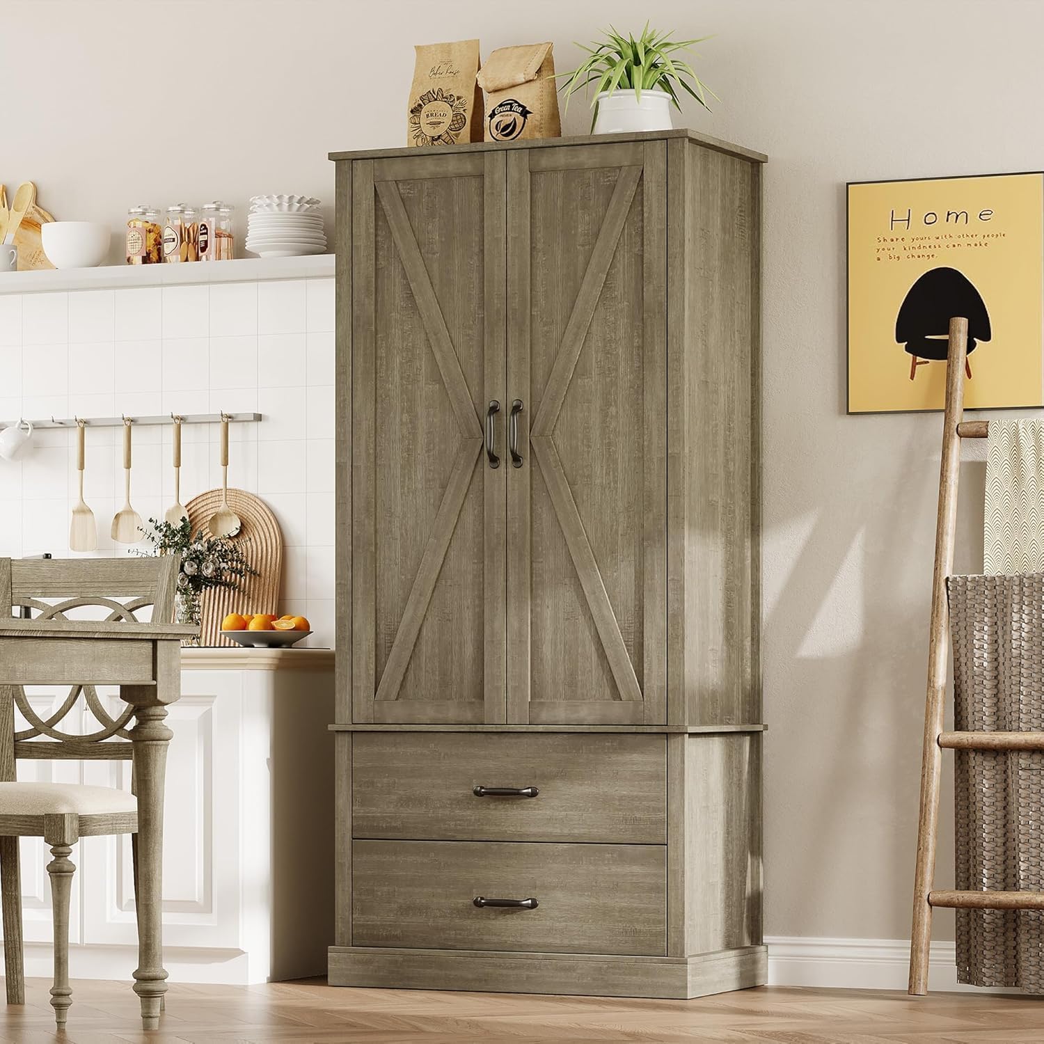 IdealHouse Rustic Grey Farmhouse Kitchen Pantry Cabinet Wood Cabinet With Barn Door Drawers Adjustable Shelf Versatile Storage For Dining Room Living Room Bathroom Office