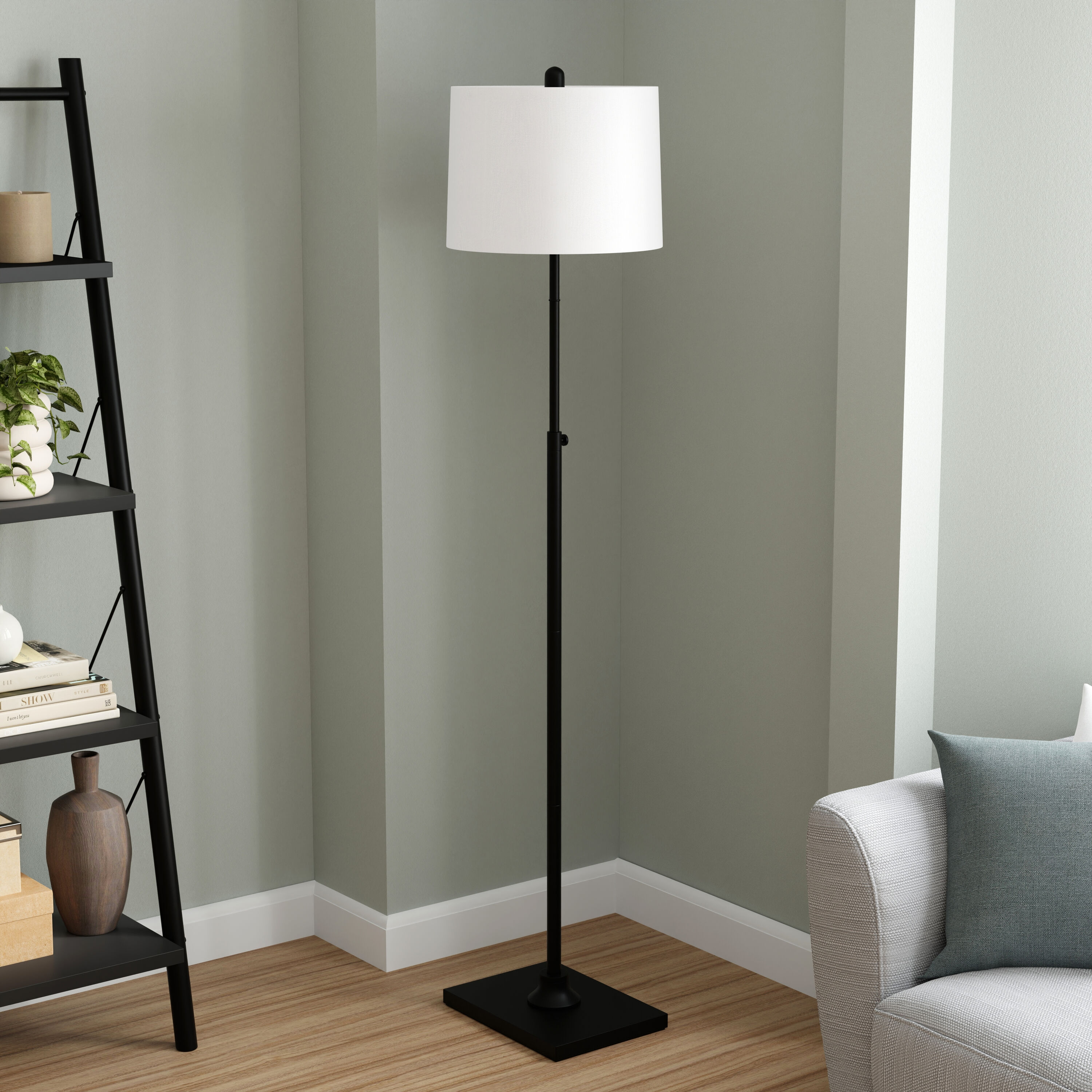 allen + roth FL15MBK 63.5-in Matte Black Standard Floor Lamp with Linen Shade