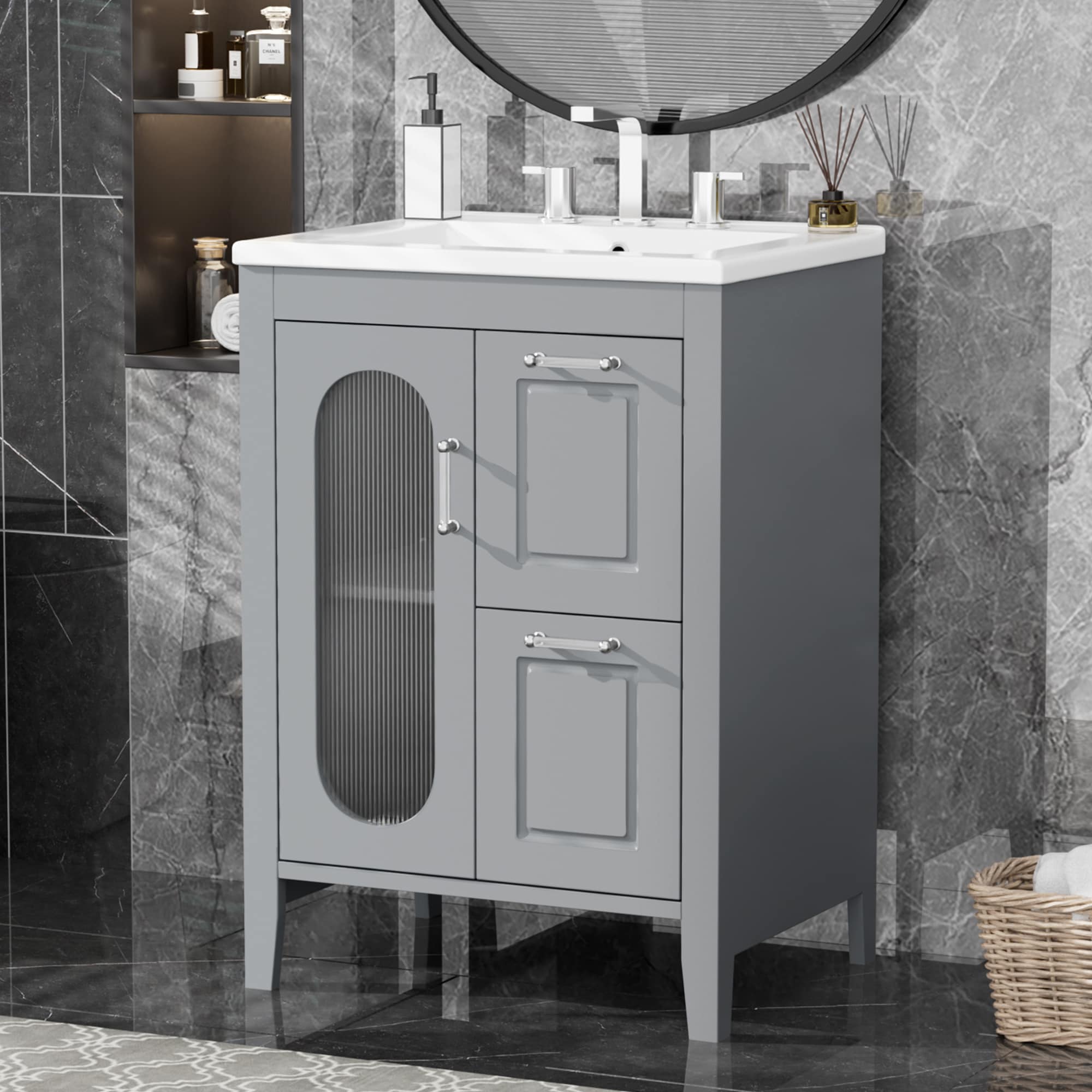 Tinyhomie 24Inch Bathroom Vanity with Sink Bathroom Vanity Cabinet with Two Drawers and Door Adjustable Shelf Solid Wood and MDF Grey