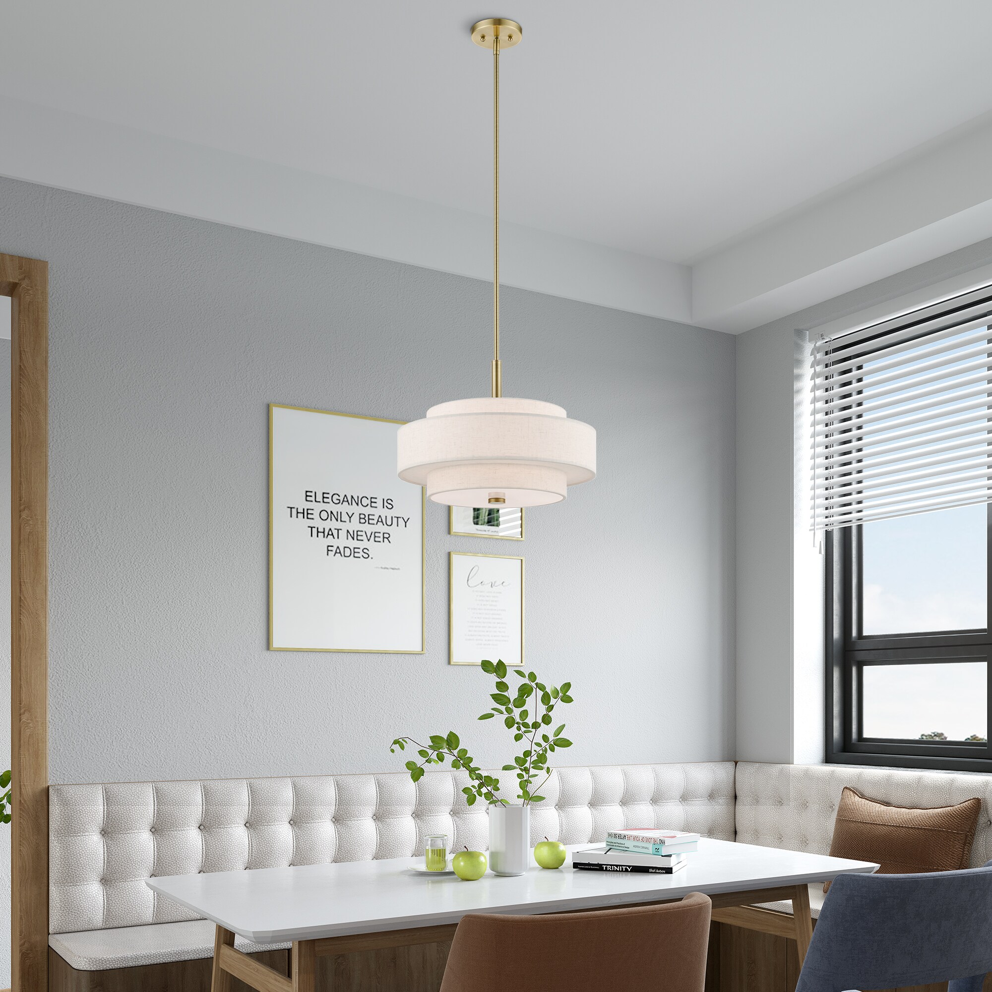 Mini Monroe Antique Brass 4-Light Drum Pendant with Oatmeal Shade