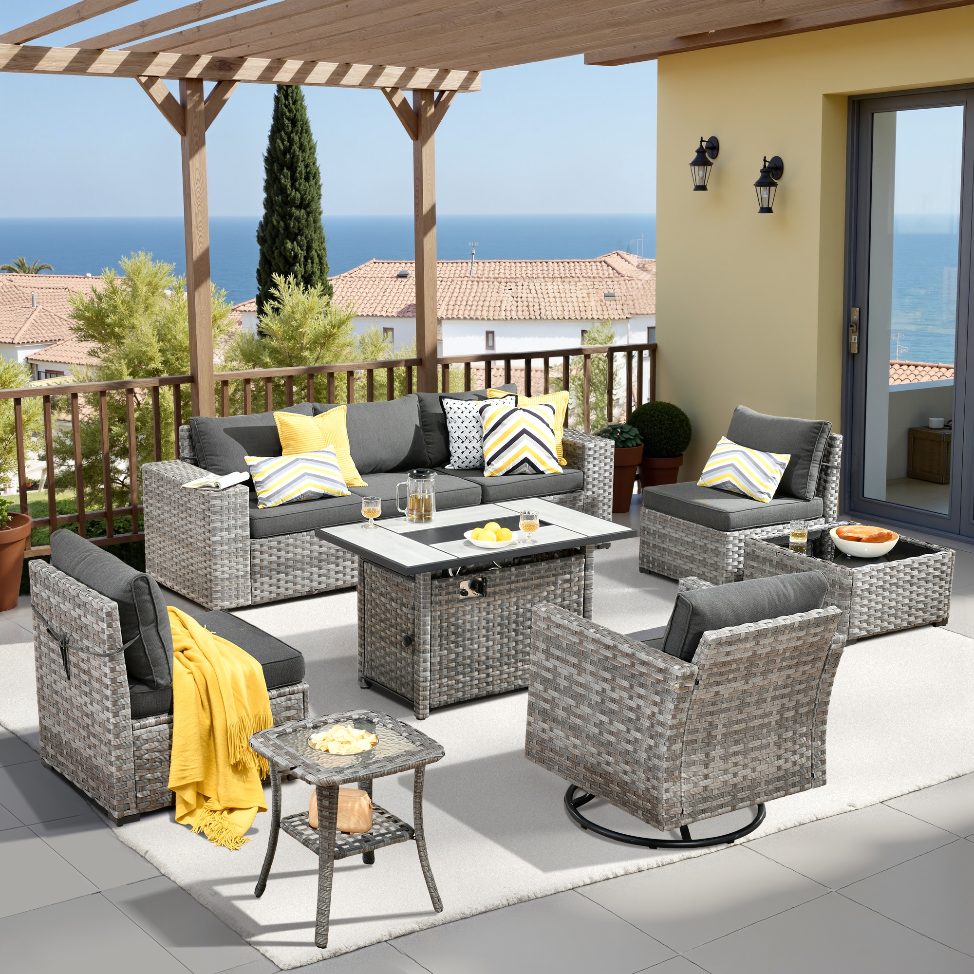 Pouuin SRFPBBR109 5 -Piece Wicker Patio Sofa Conversation Set with Black Cushions