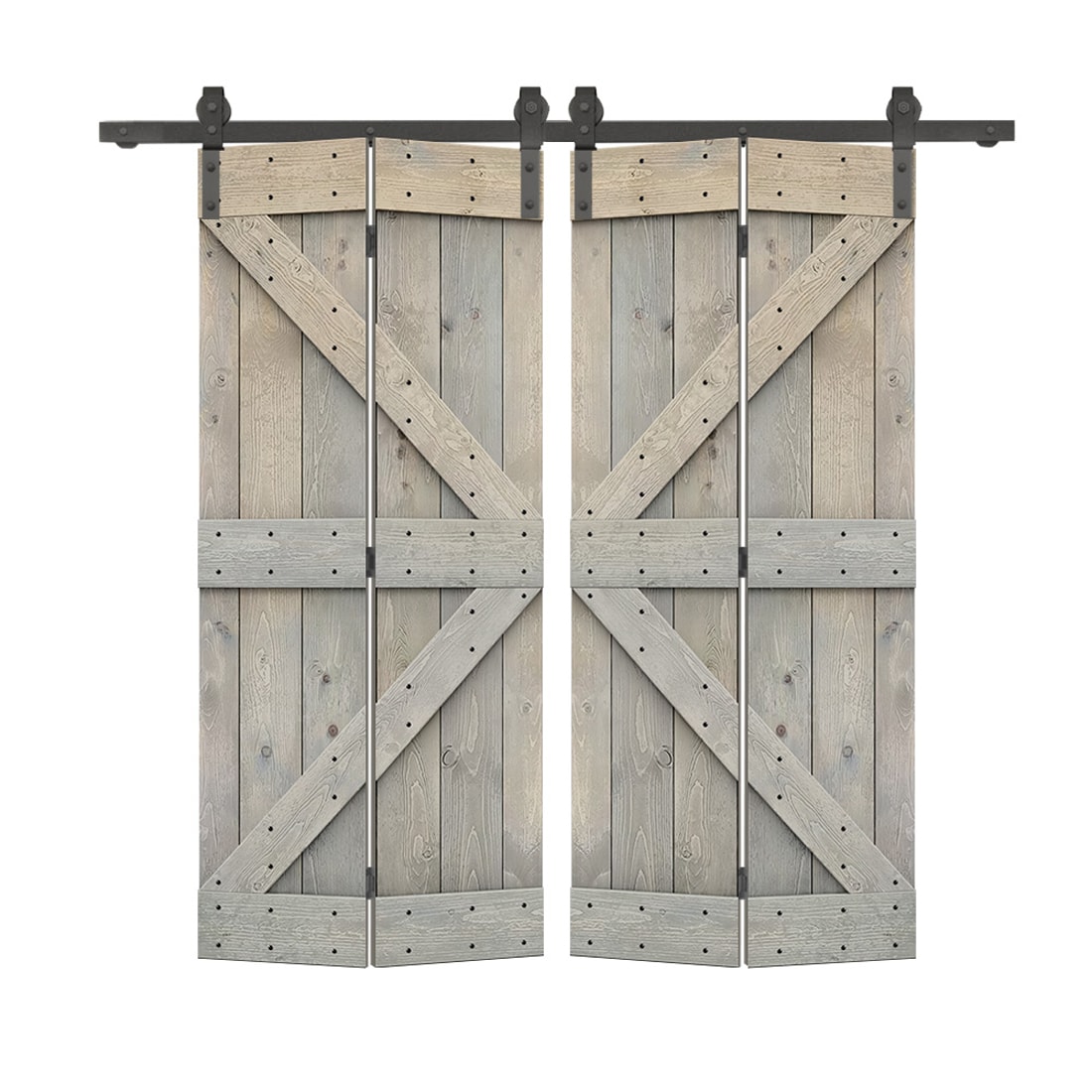 CALHOME BF1602S+K26SKG2 52-in x 84-in Smoke Gray K-frame Pine Wood Solid core Double bifold Barn Door (Hardware Included)