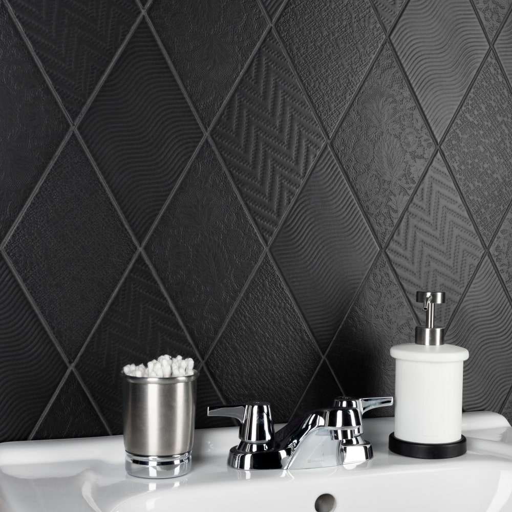 Affinity Tile Rhombus Black 6-in x 12-in Satin Porcelain Patterned Floor  and Wall Tile (11.4-sq. ft/ Carton)