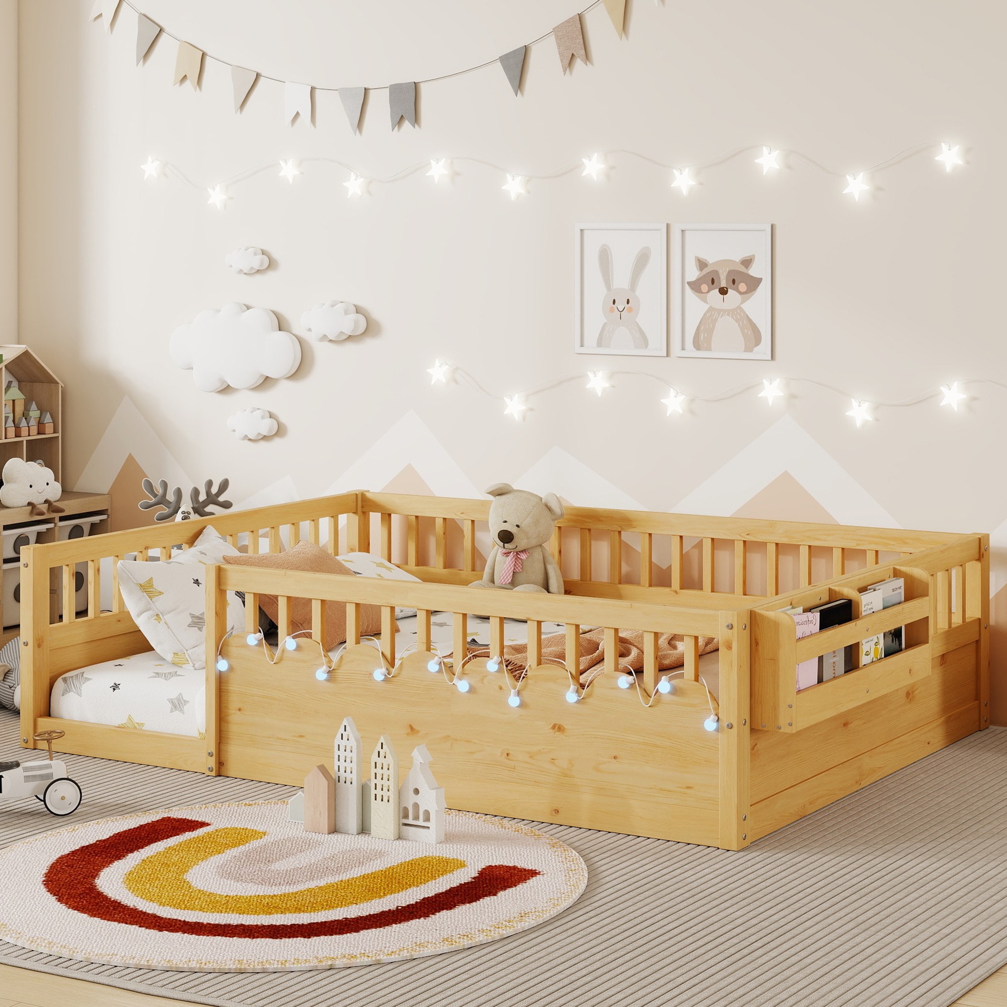 LOVMOR -  Full Montessori Floor Bed Frame with High Rails Wood Kids Floor Beds with Light and Sto...