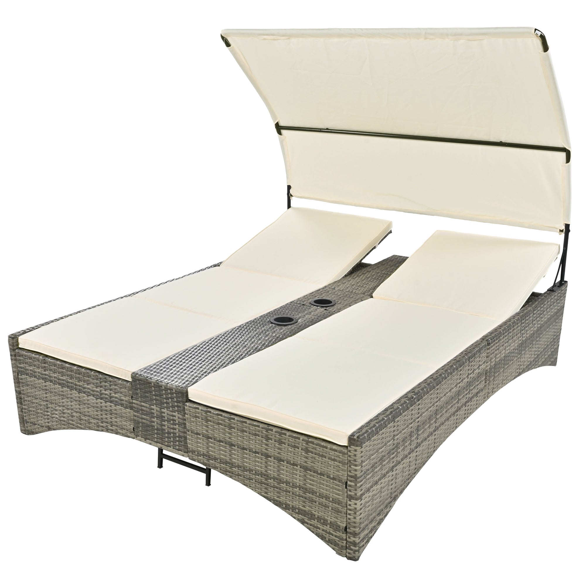 ModernLuxe L-SZ000080AAA Outdoor Daybed Outdoor Rattan Sun Lounger with Shelter Roof Rattan Outdoor Daybed with Off-white Cushions and Steel Frame