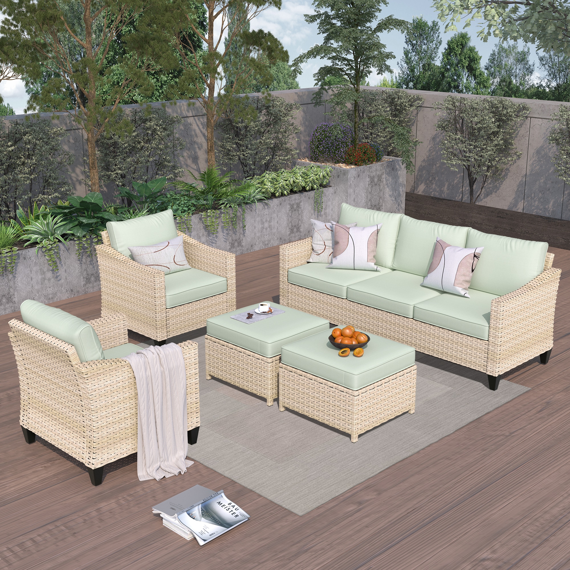 XIZZI XIDAR9052 Aries 5 -Piece Rattan Patio Sofa Conversation Set with Green Green Cushions