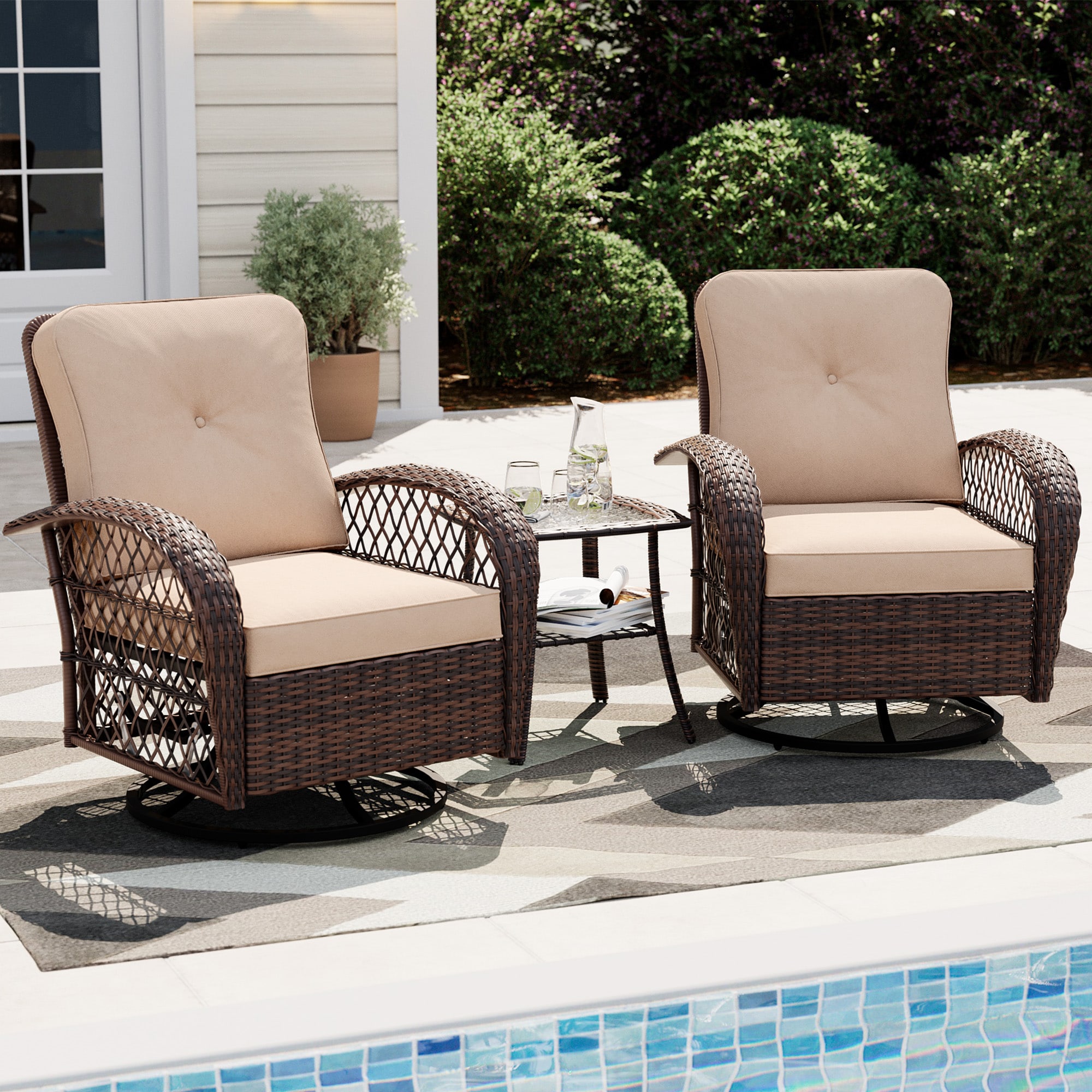 UPHA Y11BR-CJ2-BE Patio Swivel Chairs Set of 2 Rattan Brown Iron Frame Swivel Conversation Chair with Beige Cushioned Seat