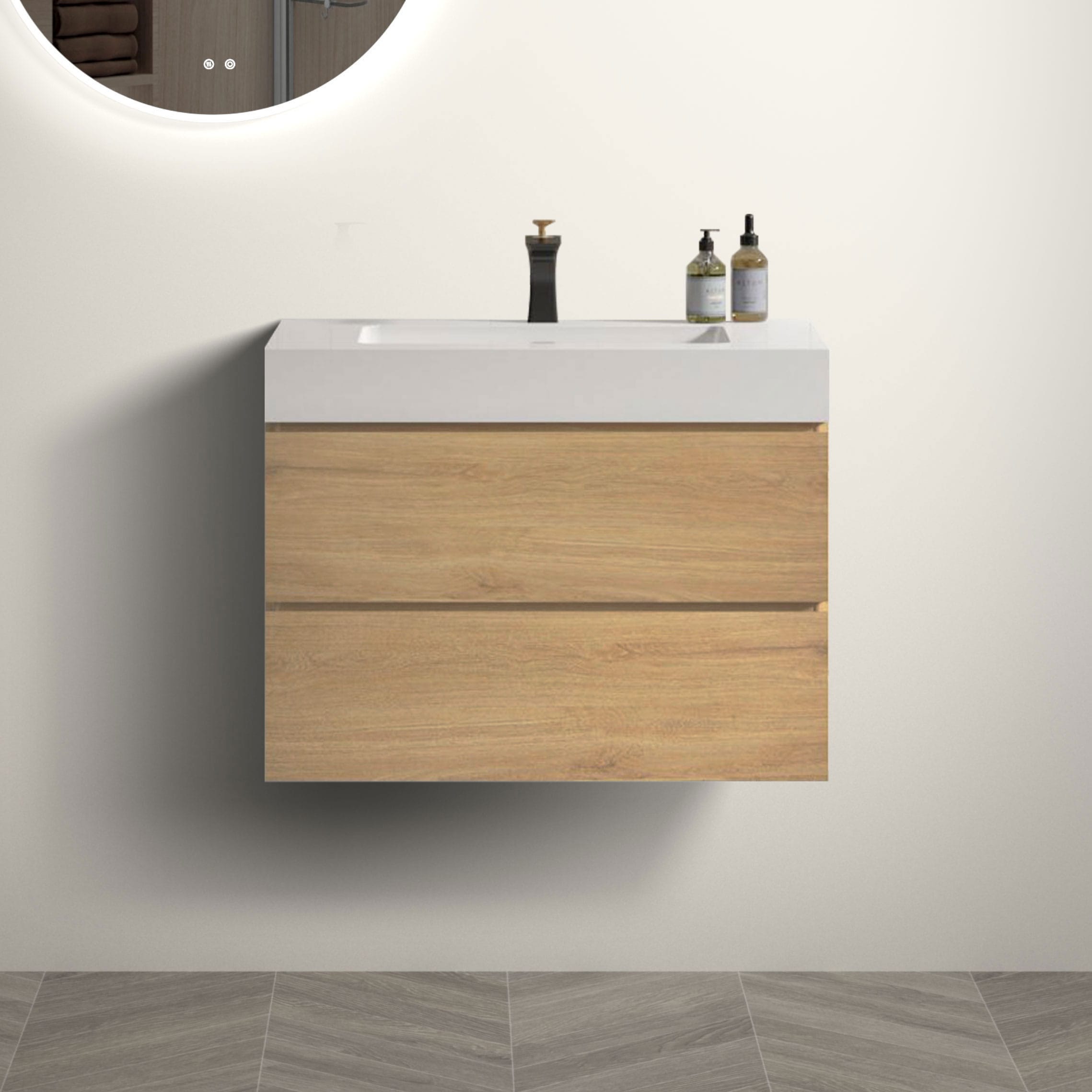 GDFStudio 328538 Alice Modern Floating Bathroom Vanity 30 inch Natural Oak with White Sink