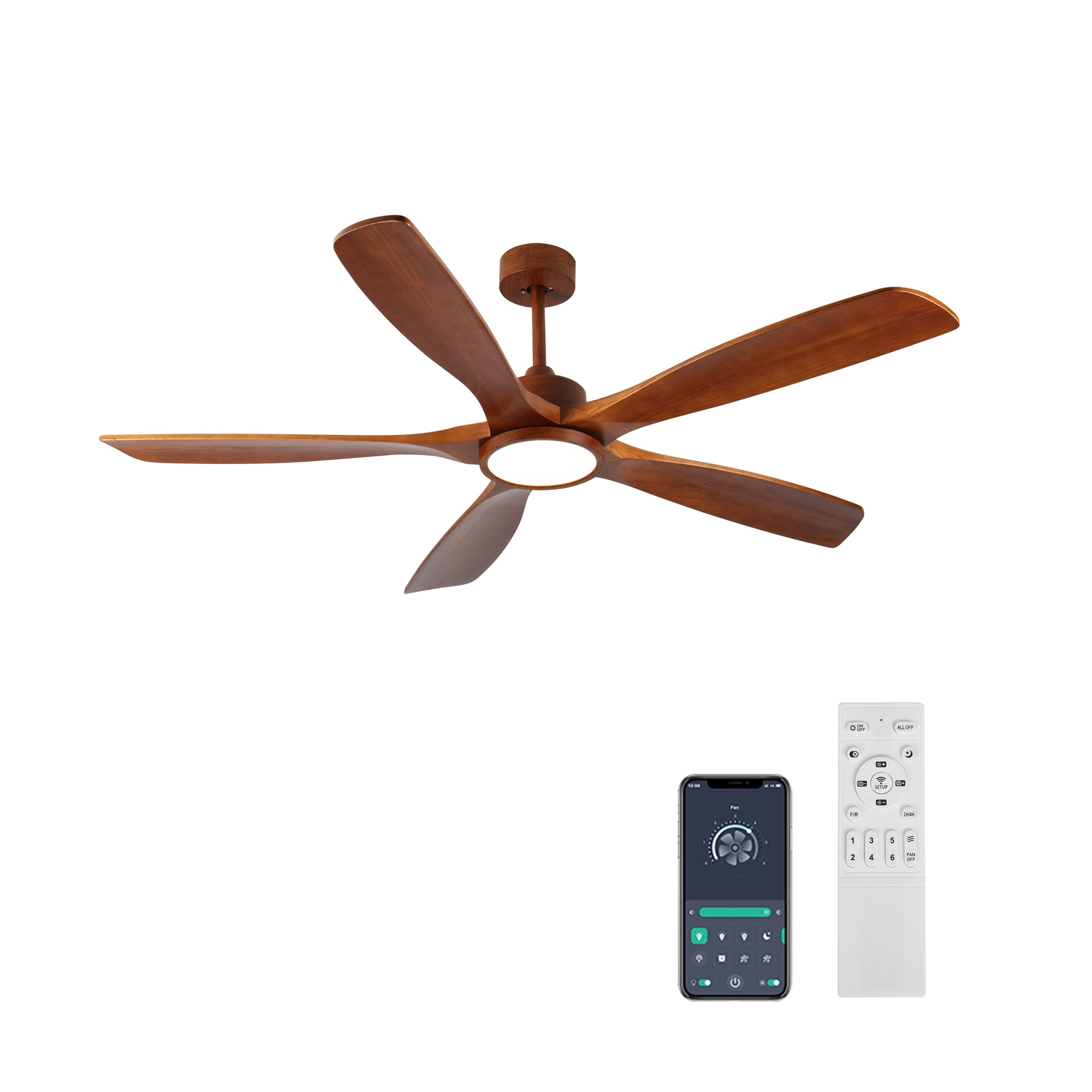 SINOFURN SYA820124BN 60-in Color-Changing Integrated LED Outdoor Smart Brown with Wood Blades Ceiling Fan With Light - Remote Included ( 5 -Blade )