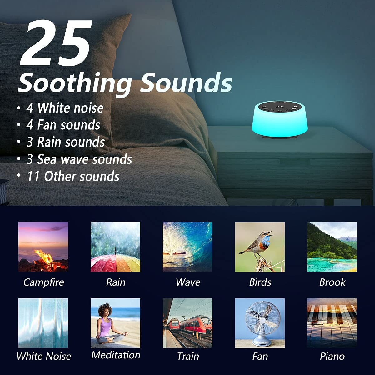 Lukvuzo White Noise Machine 25 Soothing Sounds 10 Color Night Light ...