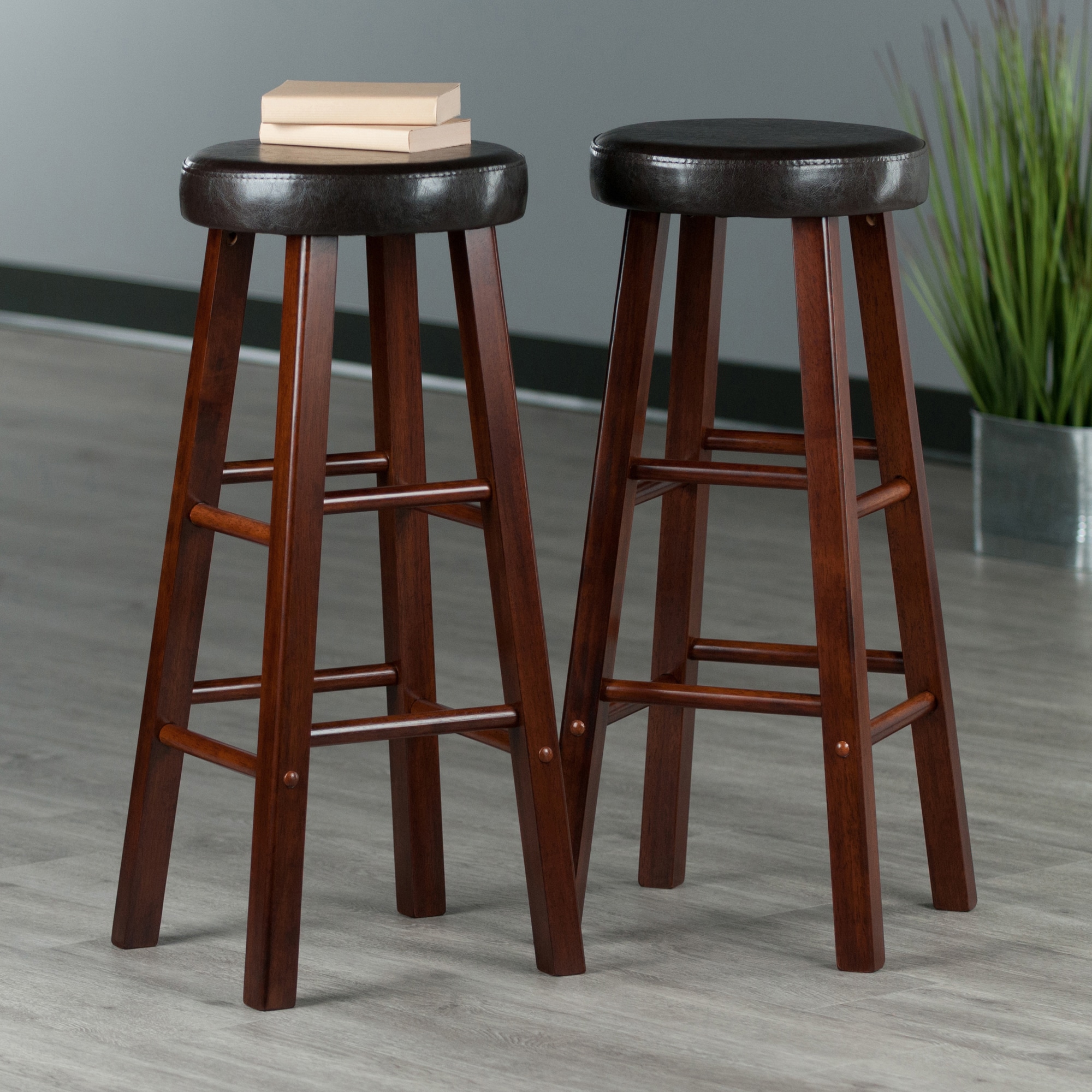 Transitional Walnut Brown Wood Bar Stool with Espresso Cushion, 30"