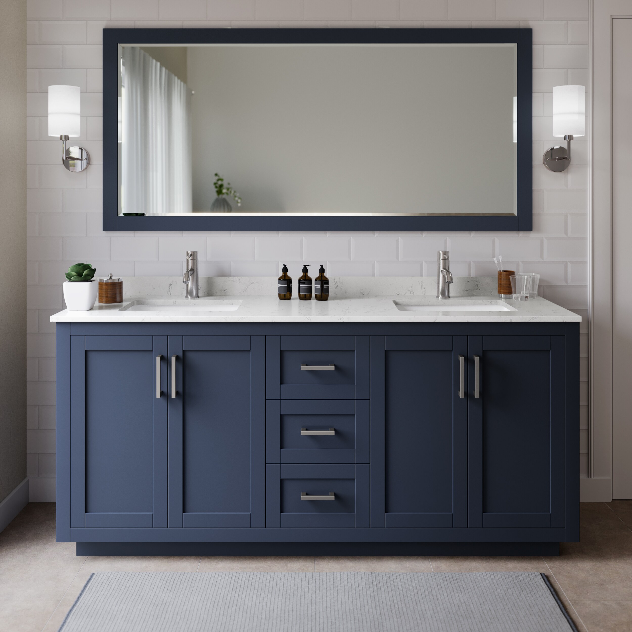 Wyndham Collection WCF292972DBNC2UNSMXX Miranda 72-in Dark Blue with Brushed Nickel Trim Undermount Double sink Bathroom Vanity with Carrara Cultured Marble Cultured marble Top