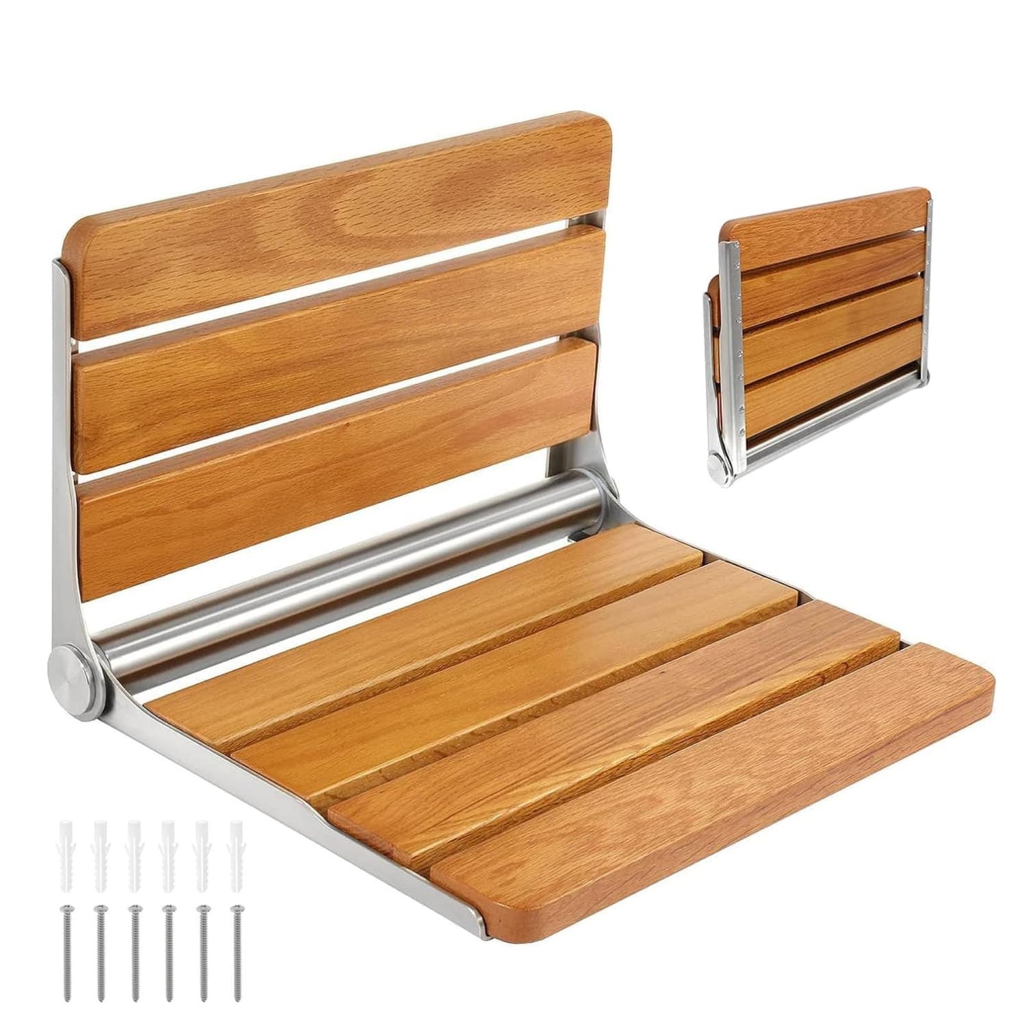 OGETFUUR 600 Lbs Teak Folding Shower Seat with 316 Stainless Steel Frame Waterproof Non-slip Shower Seat for Small Bathroom Elderly Adults