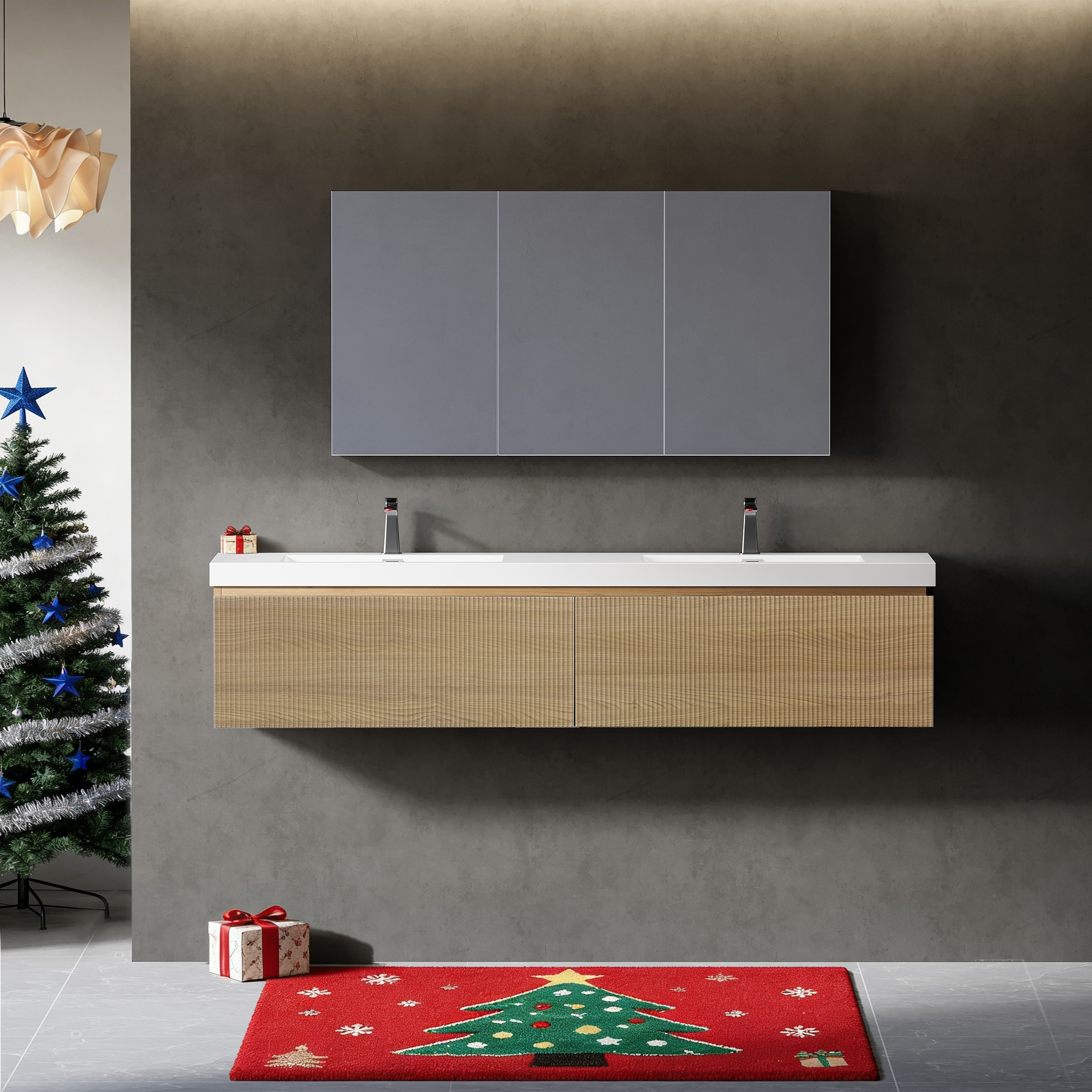 LUXEYARD 72in  floating vanity with sink combo  striped wall-mounted cabinet with soft-close drawer and double glossy white solid surface basins  Natural Oak GF-24V16-72NOW-48NOW