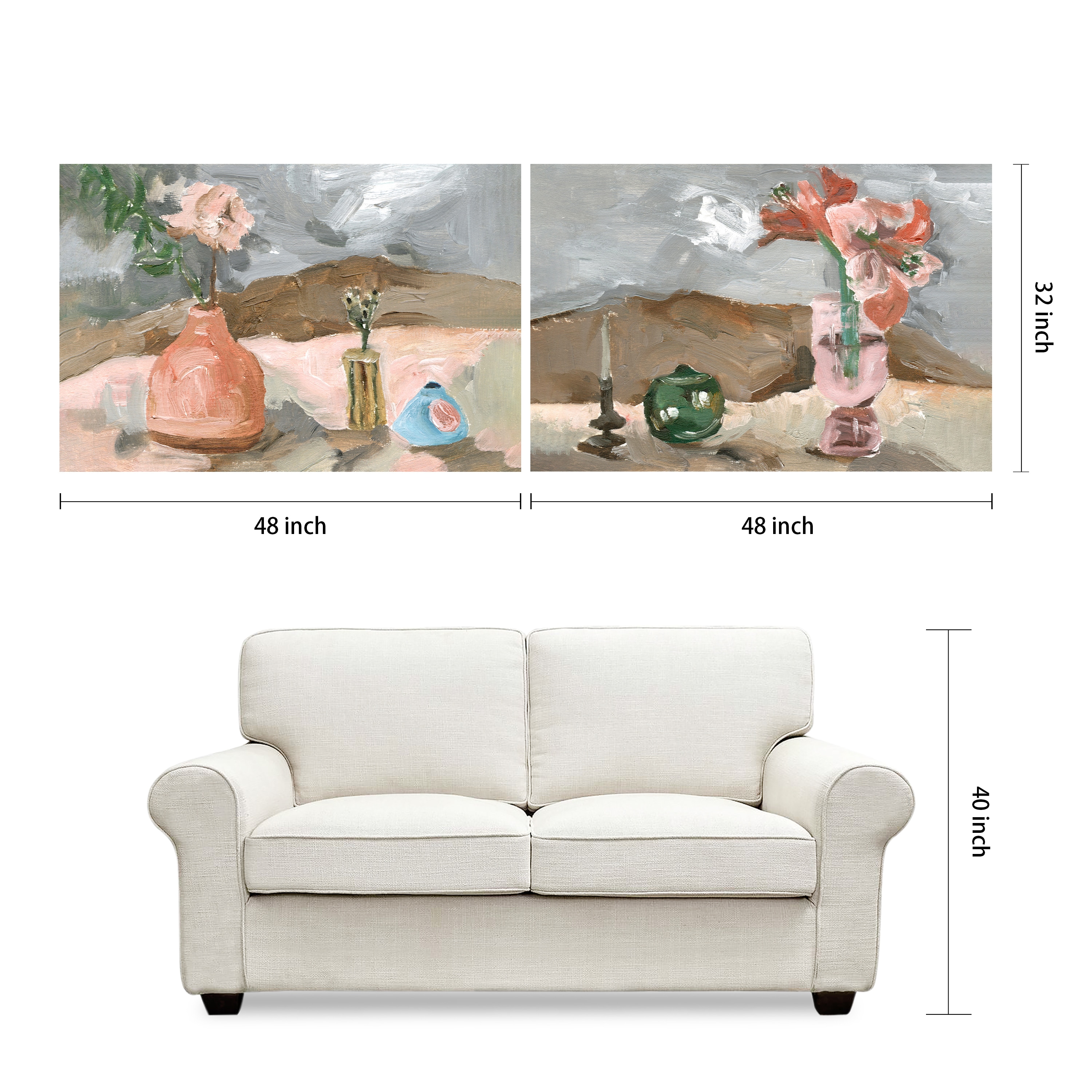 Rustic Still Life Pink Vase and Green Teapot Glass Wall Art Set