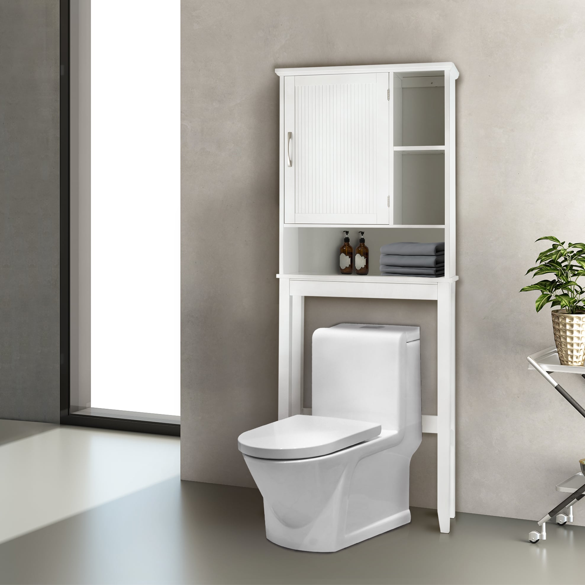 White Wooden Over-the-Toilet Cabinet with Adjustable Shelves