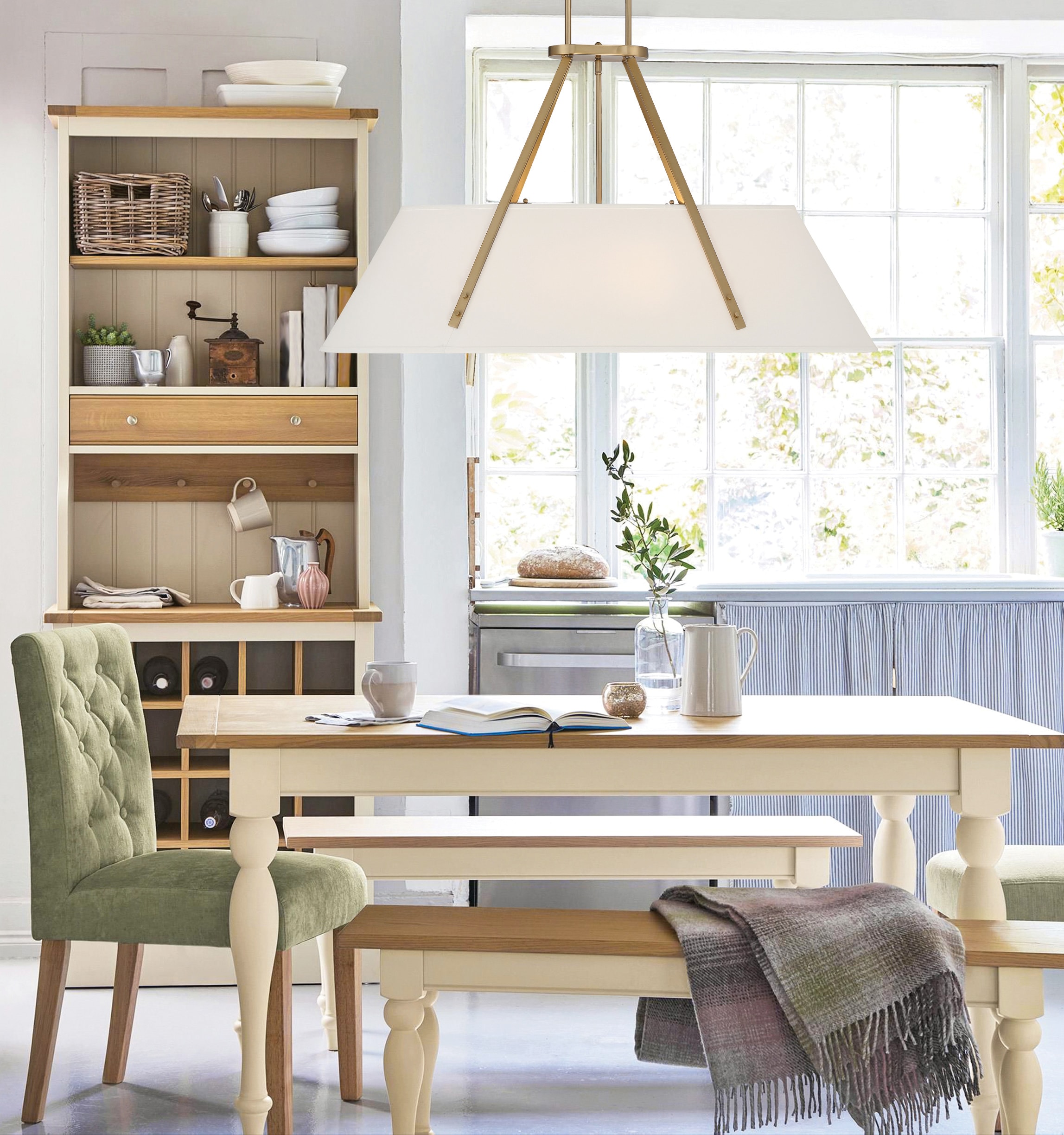 Newport Warm Brass 6-Light Oval Chandelier with Soft White Fabric Shade