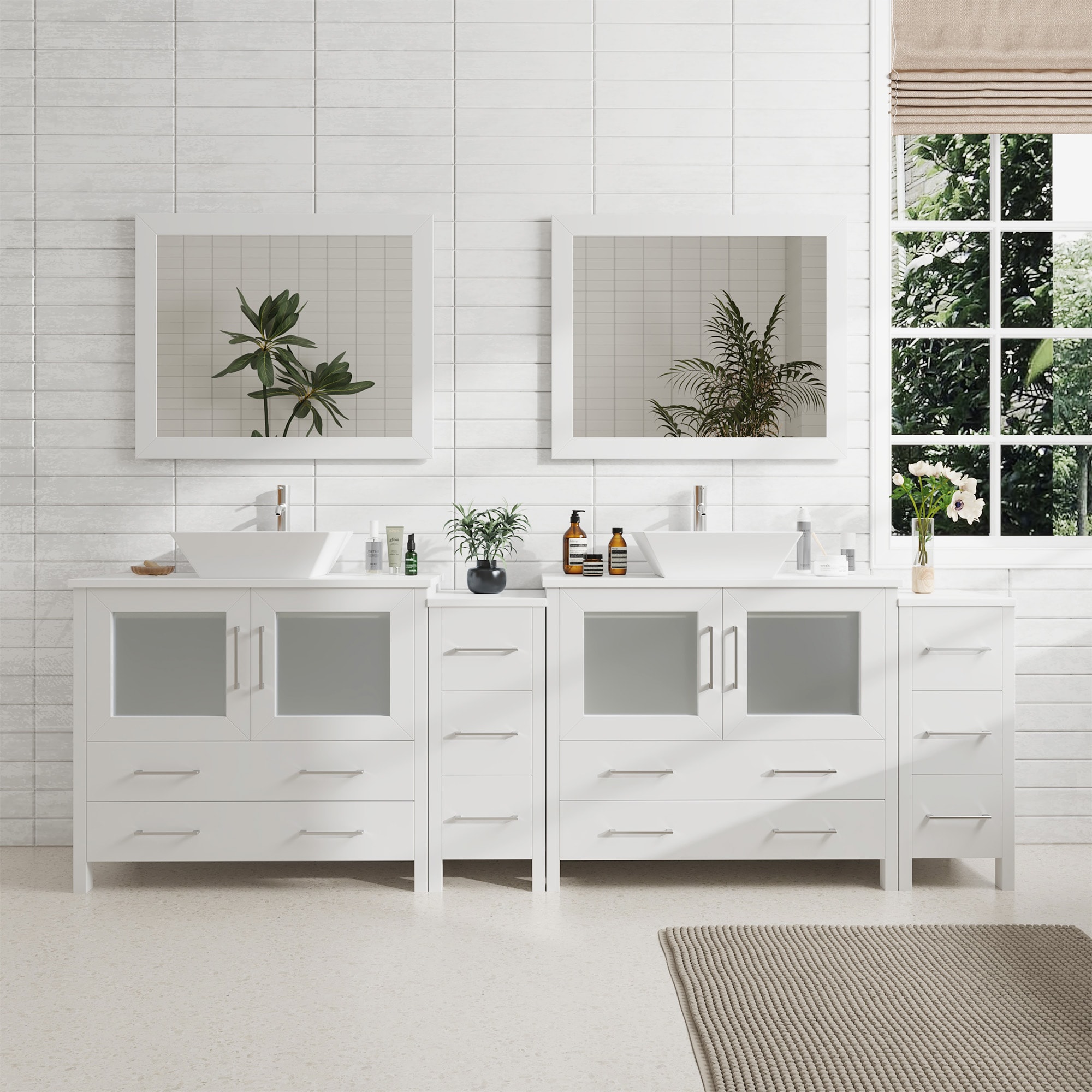 Vanity Art VA3136-96W Ravenna 95-in White Double sink Bathroom Vanity with White Engineered marble Top (Mirror Included)