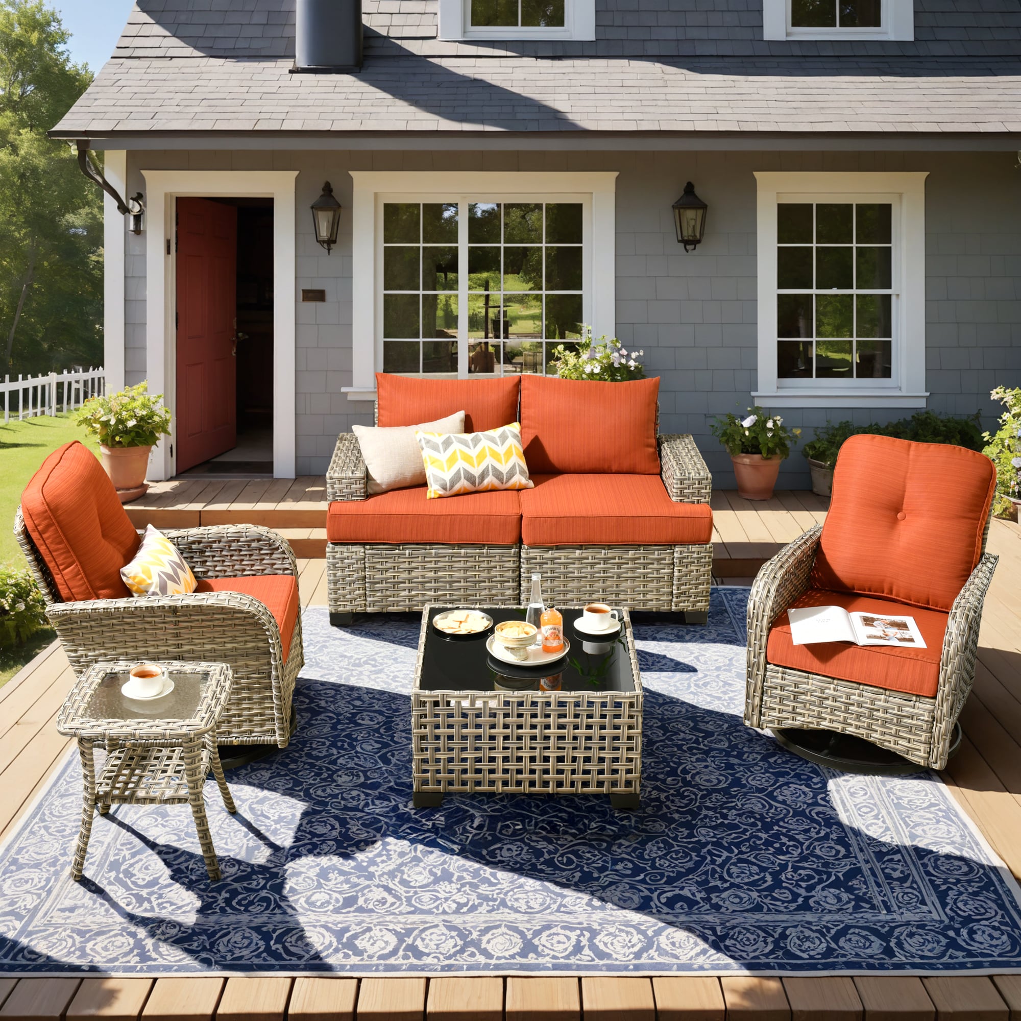 Pouuin SVYZBS80C5 5-Piece Wicker Patio Conversation Set with Red Cushions