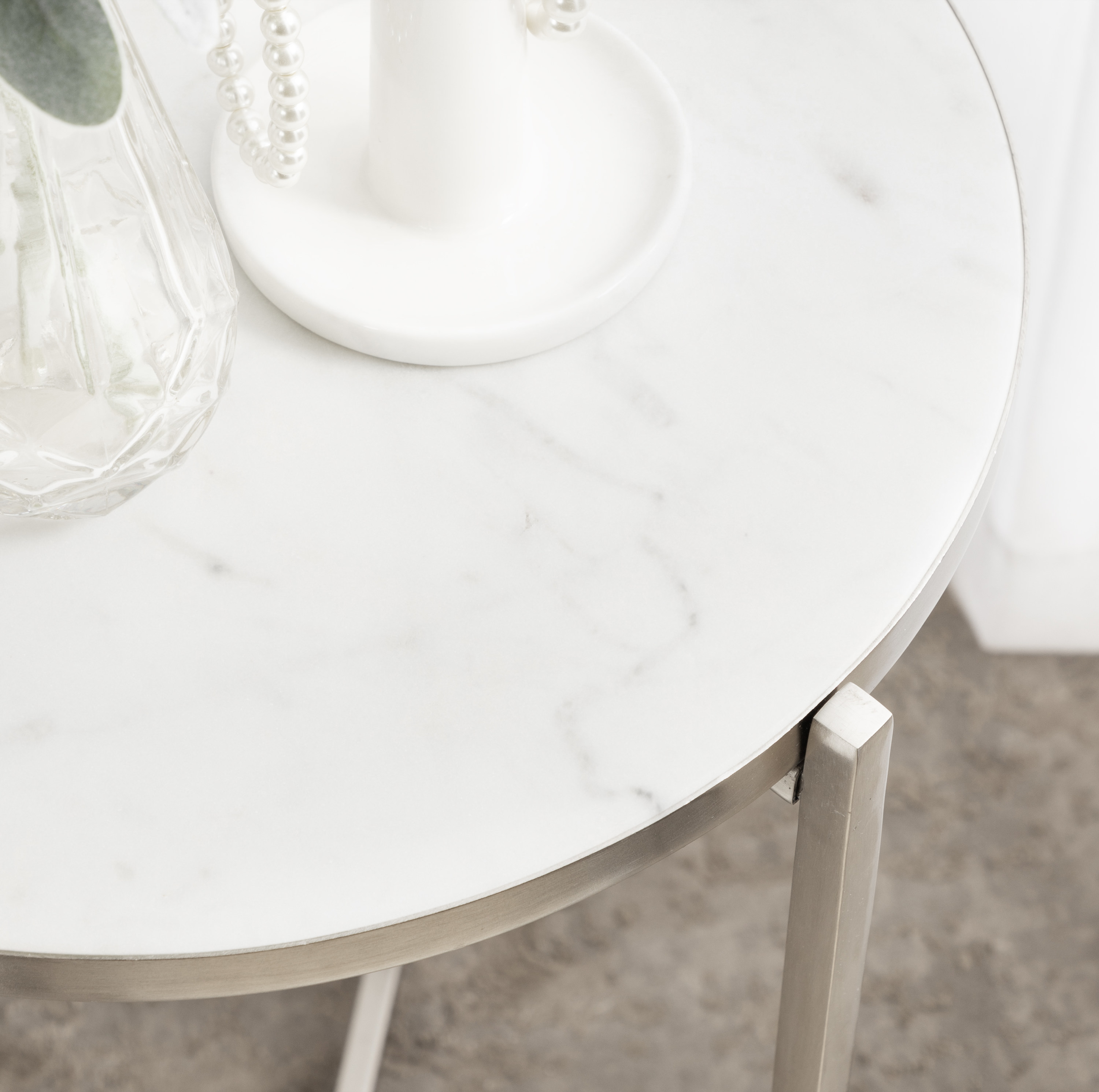 Silver Round Marble and Metal Side Table