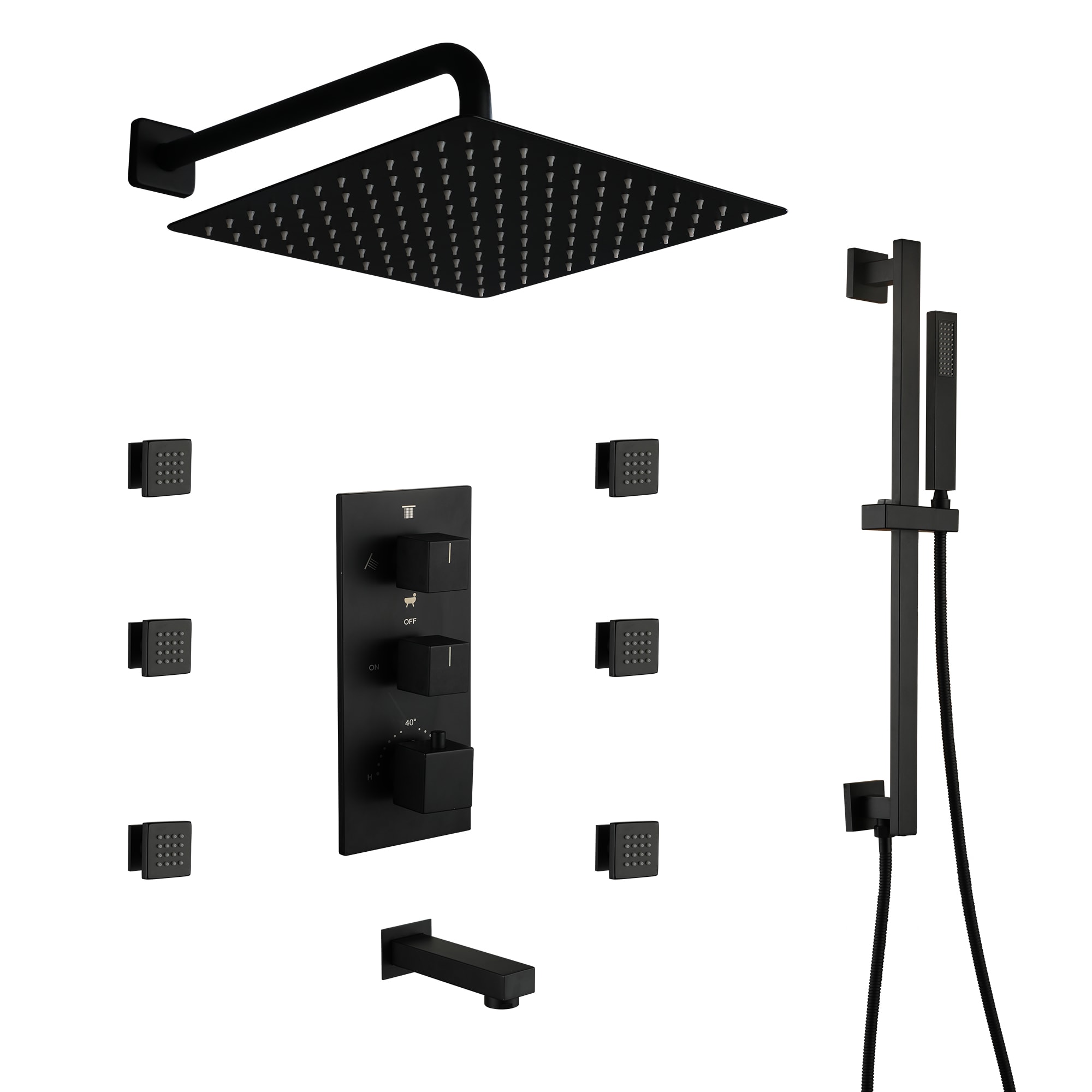 CASAINC CA-A4384-MB Matte Black 11.81-in Built-In Shower Faucet System with 4-way Diverter ( Thermostatic Valve Included )