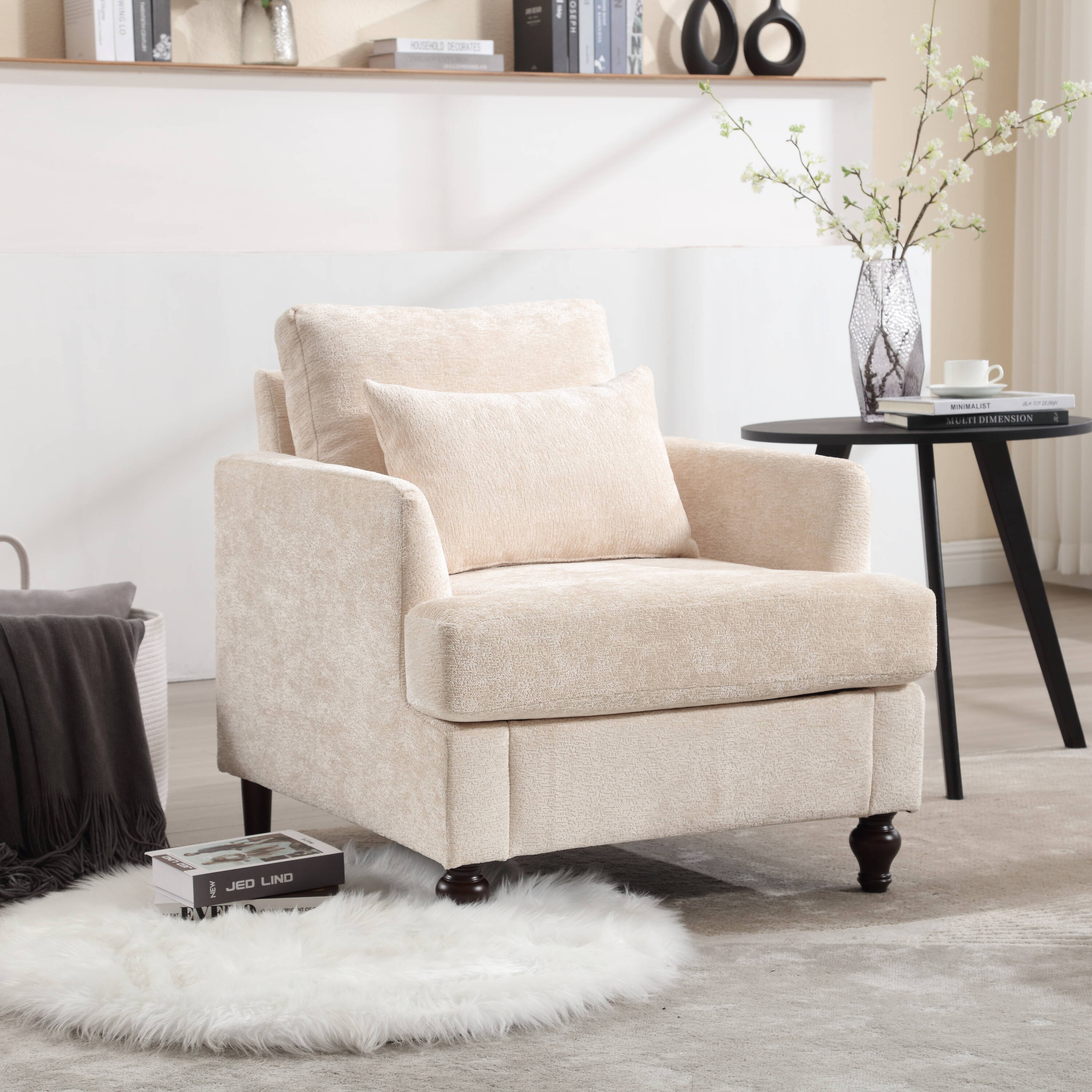 Beige armchair with matching cushion in a living room corner