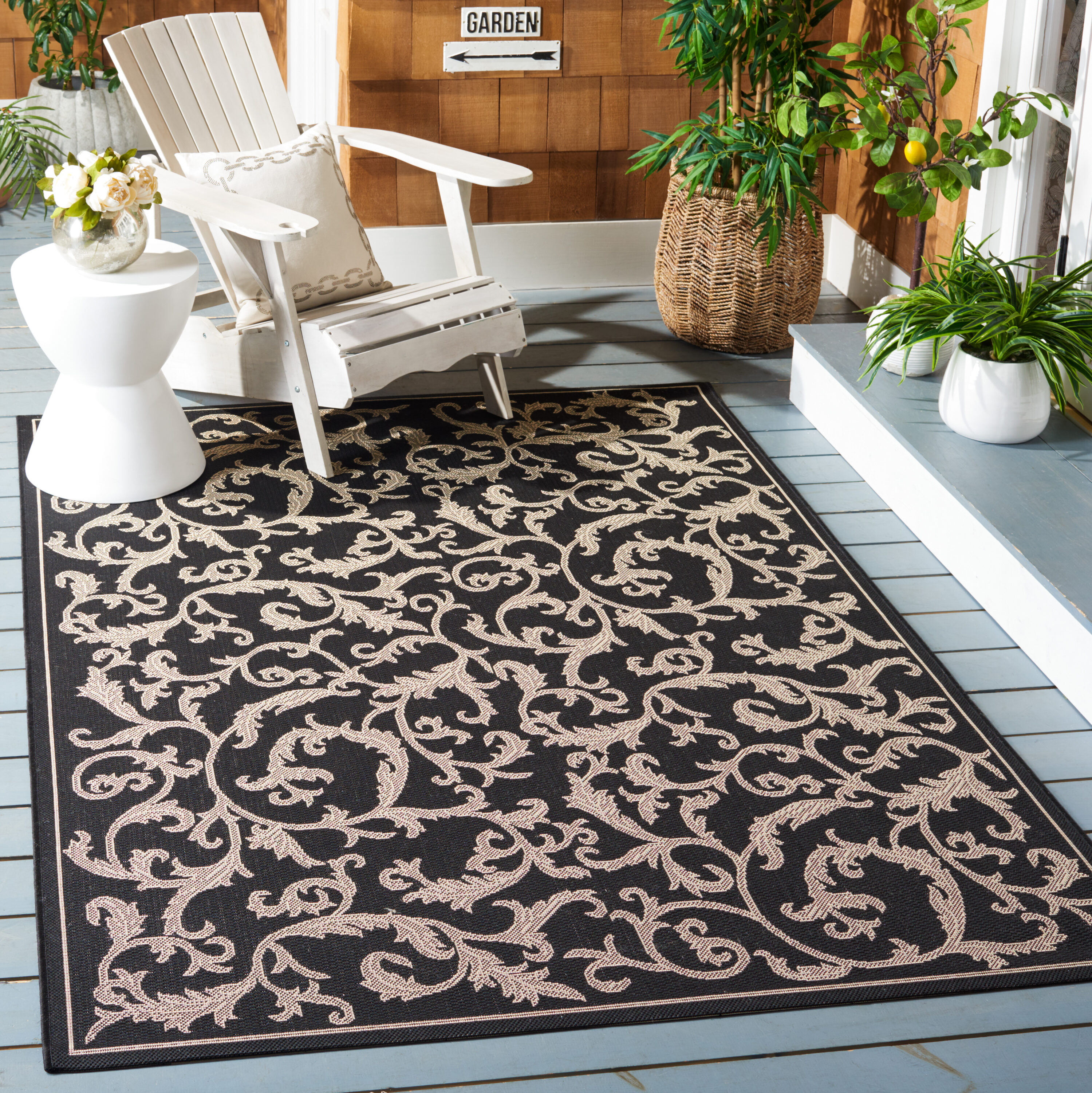 Safavieh - Courtyard Vintage Vine 4-ft x 5.6-ft Loomed Polypropylene Black/Sand Rectangular Indoo...