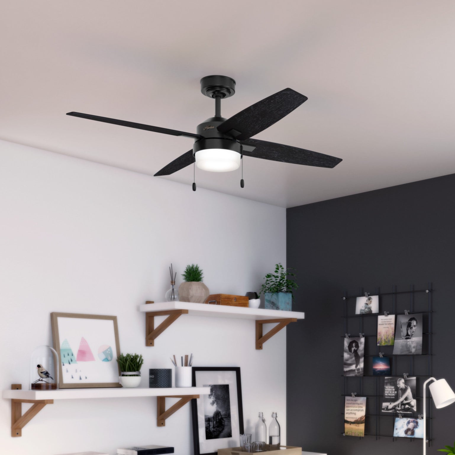 Hunter 50243 Crossfield 54-in Matte Black with Distressed Black Blades Ceiling Fan With Light ( 4 -Blade )