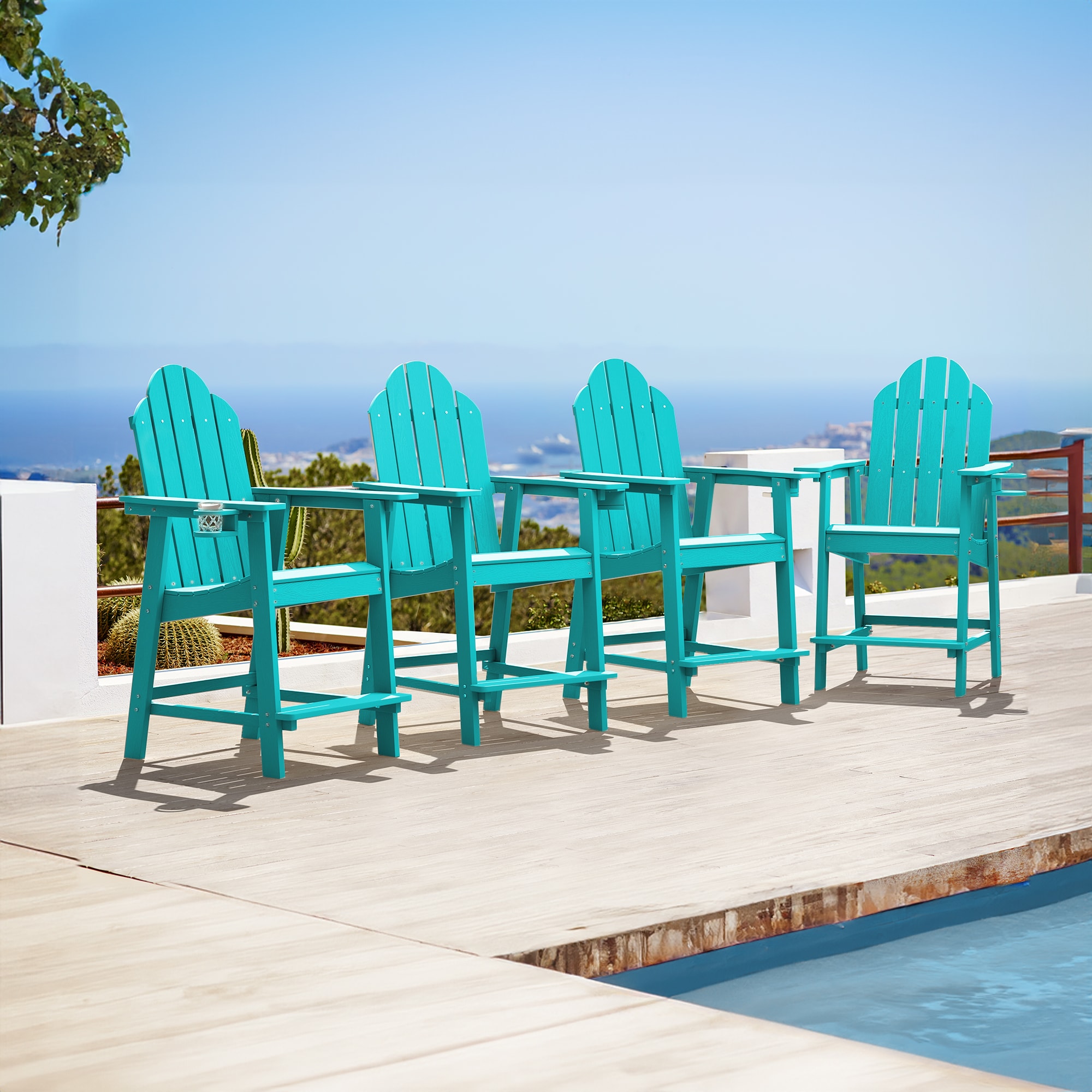 LUE BONA 4LB22PC0001-800LS The Adirondack Set of 4 Aruba Blue Plastic Frame Stationary Adirondack Chair with Slat Seat