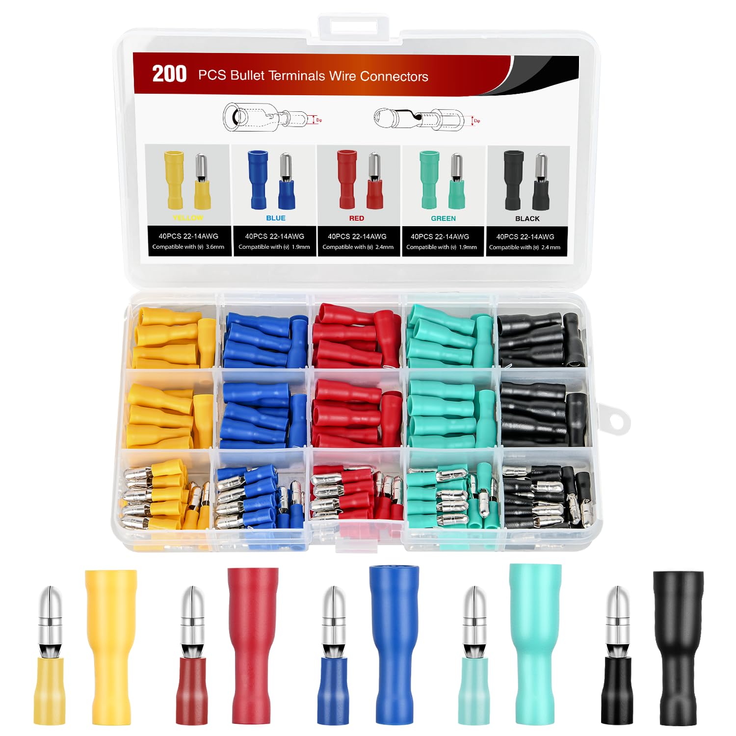 Etokfoks -  200 Count Brass Bullet Wire Terminals Male and Female Insulated Crimp Connectors for ...