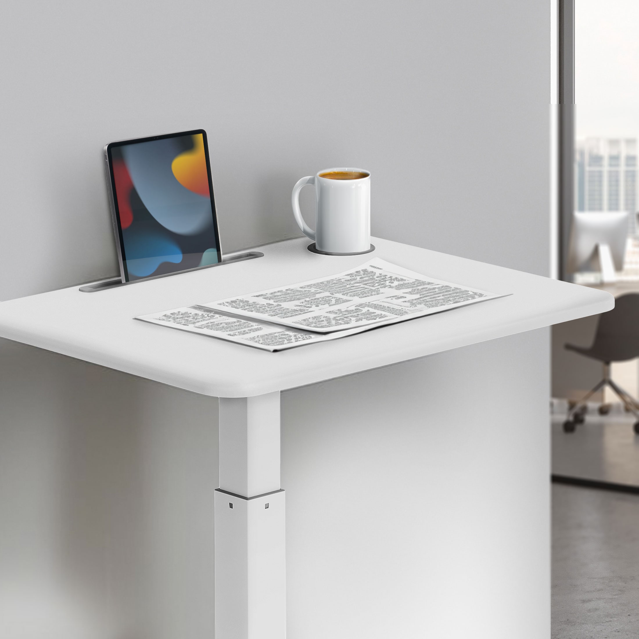 White Adjustable Height Mobile Laptop Cart with Cup Holder