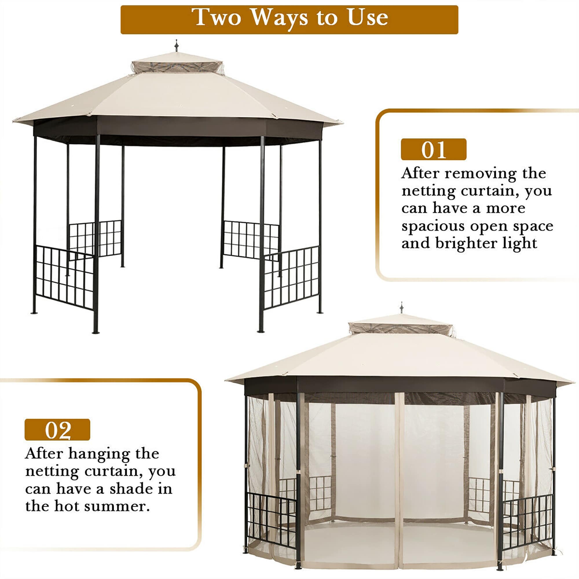 12-ft x 10-ft Beige Metal Polyester Octagonal Gazebo